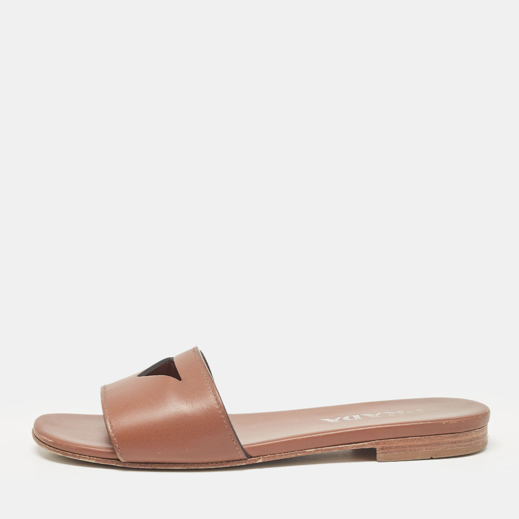 

Prada Brown Leather Triangle Cutout Flat Slides Size