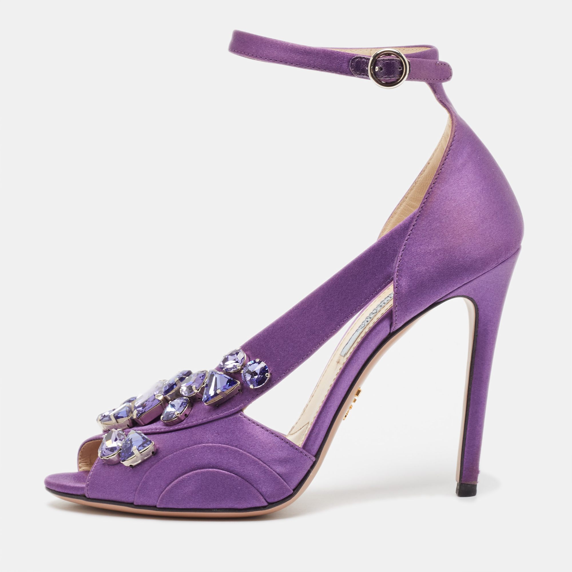 Pre-owned Prada Purple Satin Crystal Embellished Ankle Strap Sandals Size 38