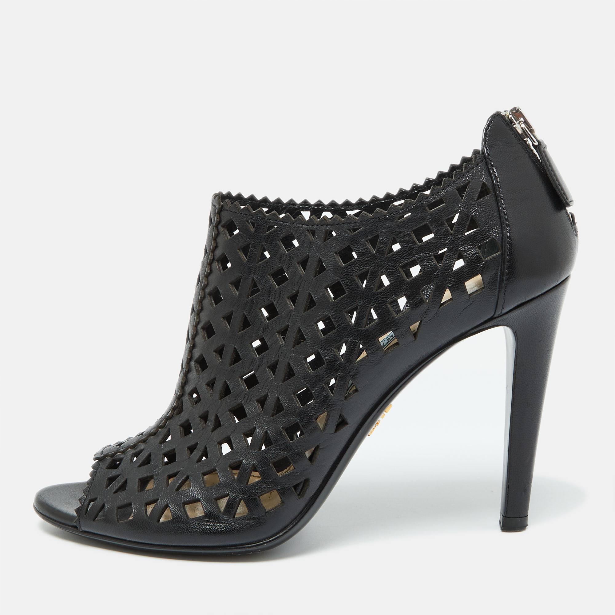 

Prada Black Perforated Leather Peep Toe Booties Size