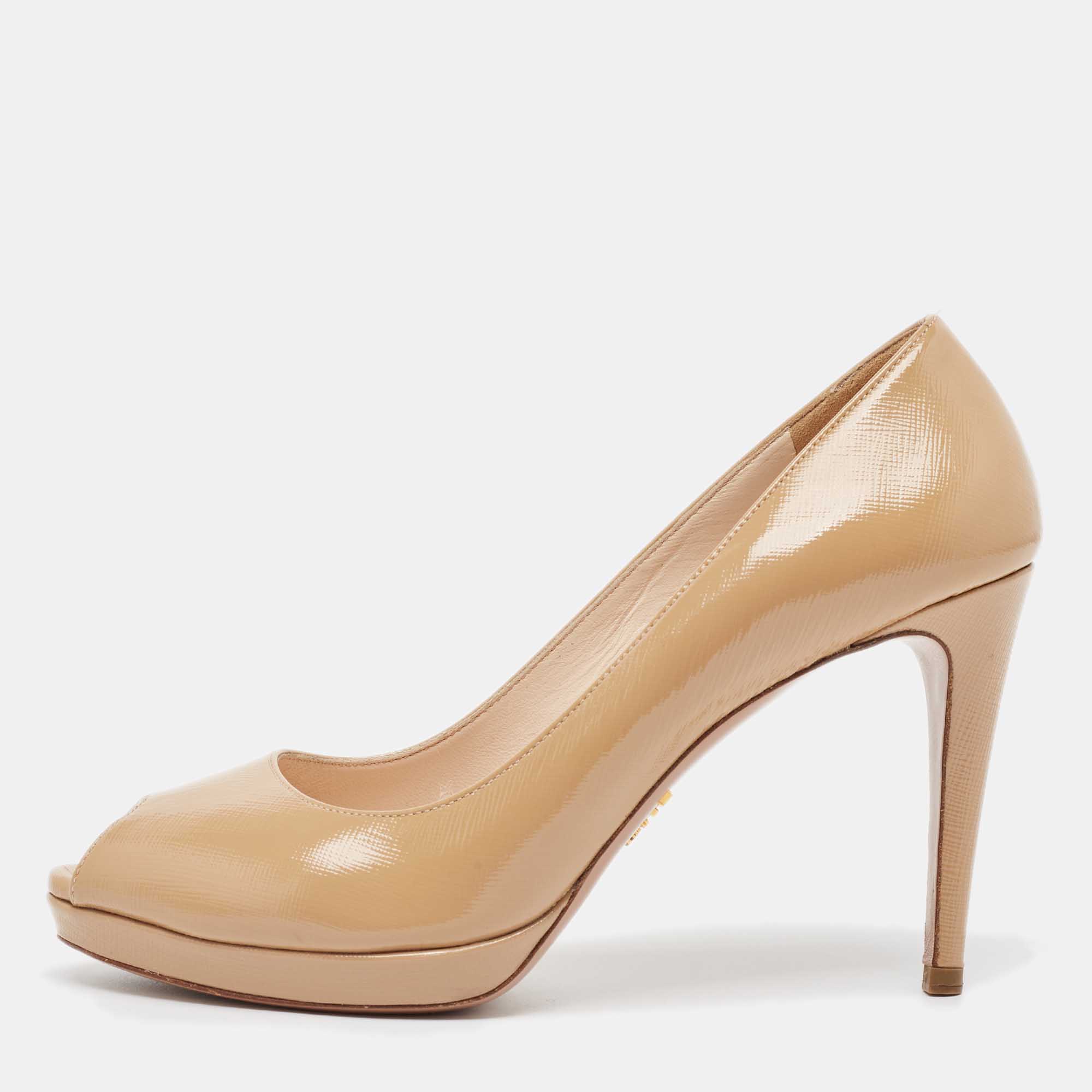 Pre-owned Prada Beige Patent Leather Peep Toe Pumps Size 38