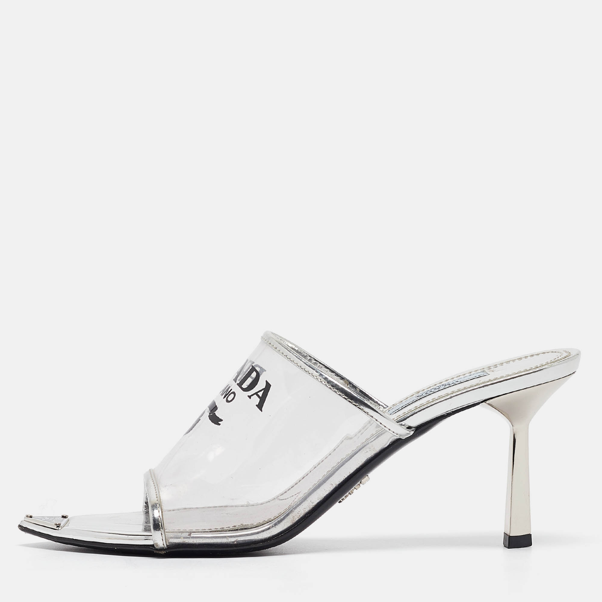 

Prada Transparent PVC Logo Print Slide Sandals Size