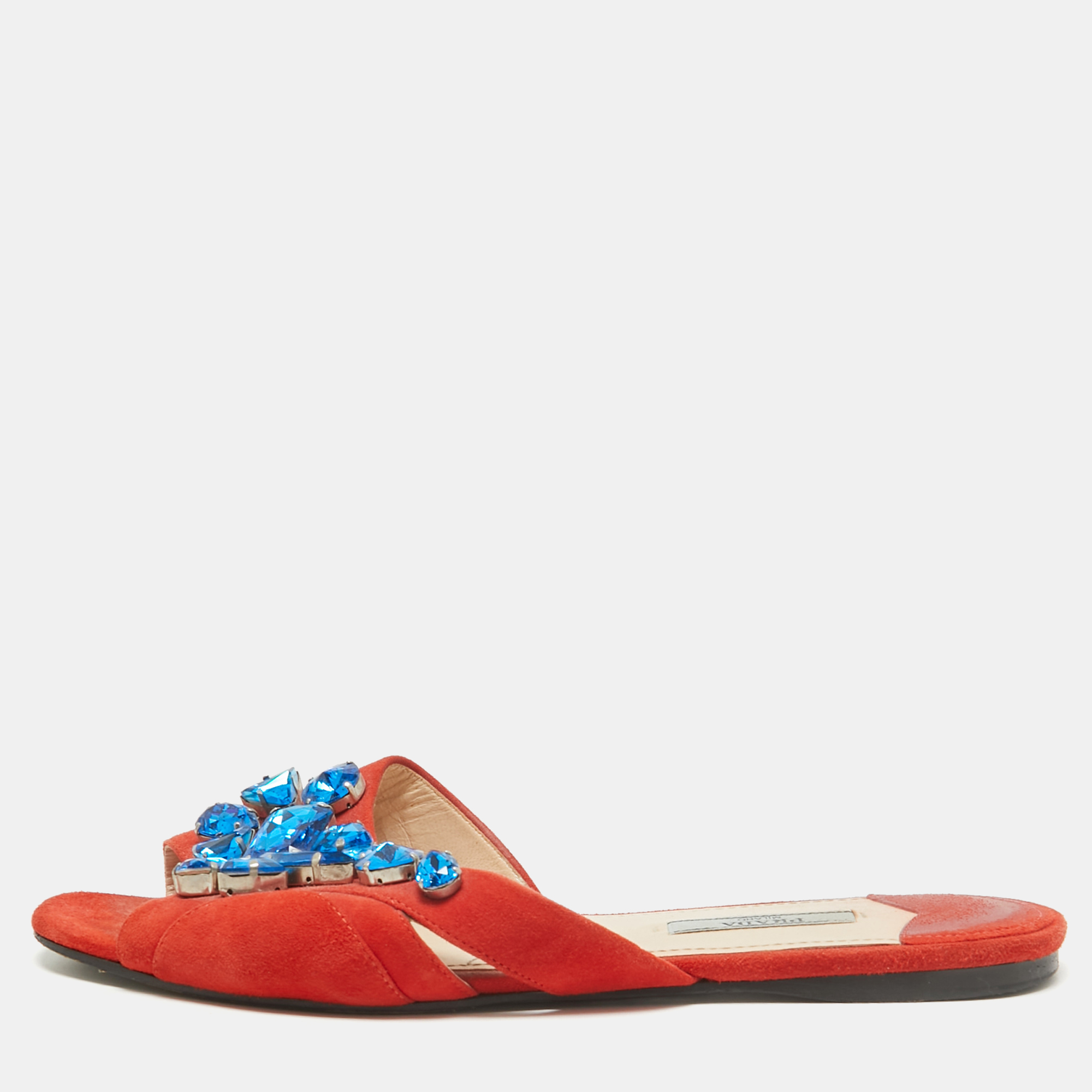 

Prada Orange Suede Crystal Embellished Flat Slides Size