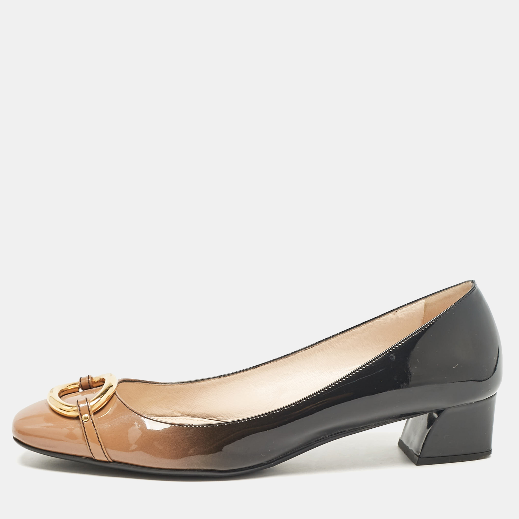 

Prada Black/Beige Patent Leather Block Heel Pumps Size