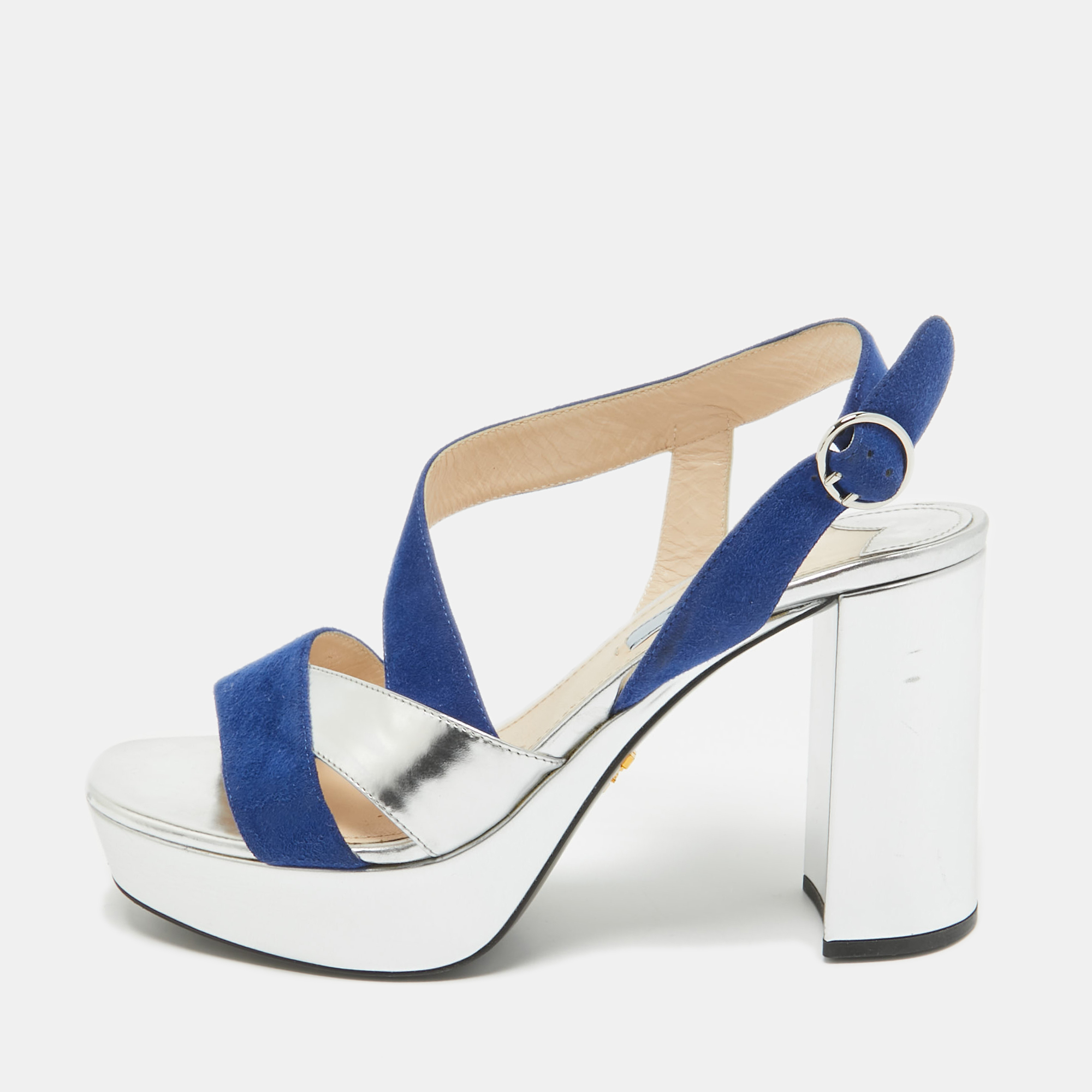 

Prada Silver/Blue Leather and Suede Platform Slingback Sandals Size