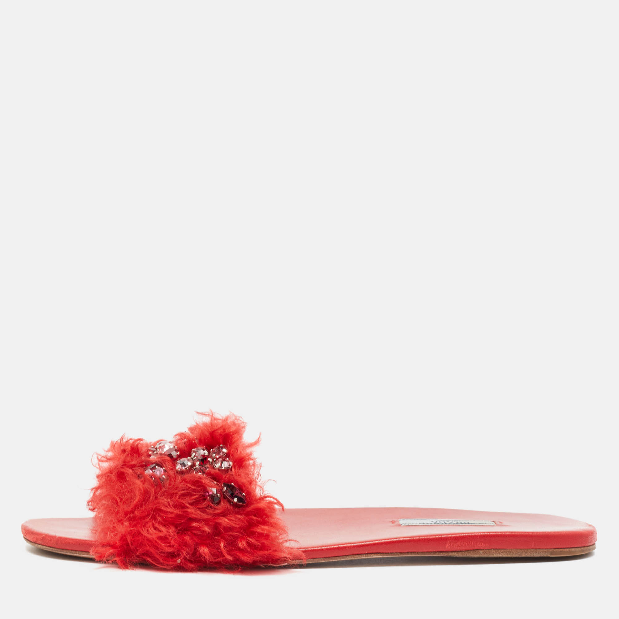 

Prada Red Fur and Leather Crystal Embellished Flat Slides Size