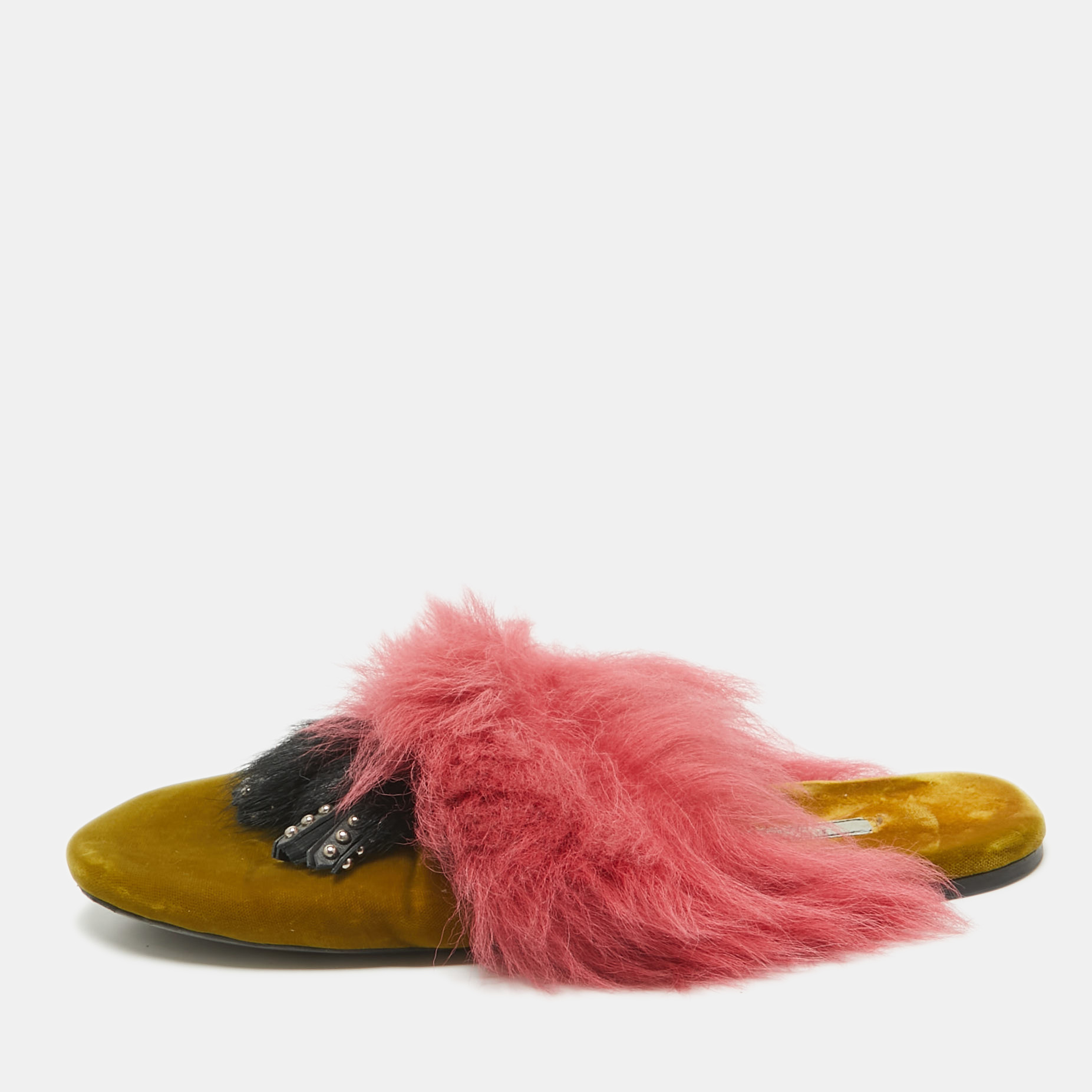 Pre-owned Prada Pink/green Fur And Velvet Flat Sandals Size 40