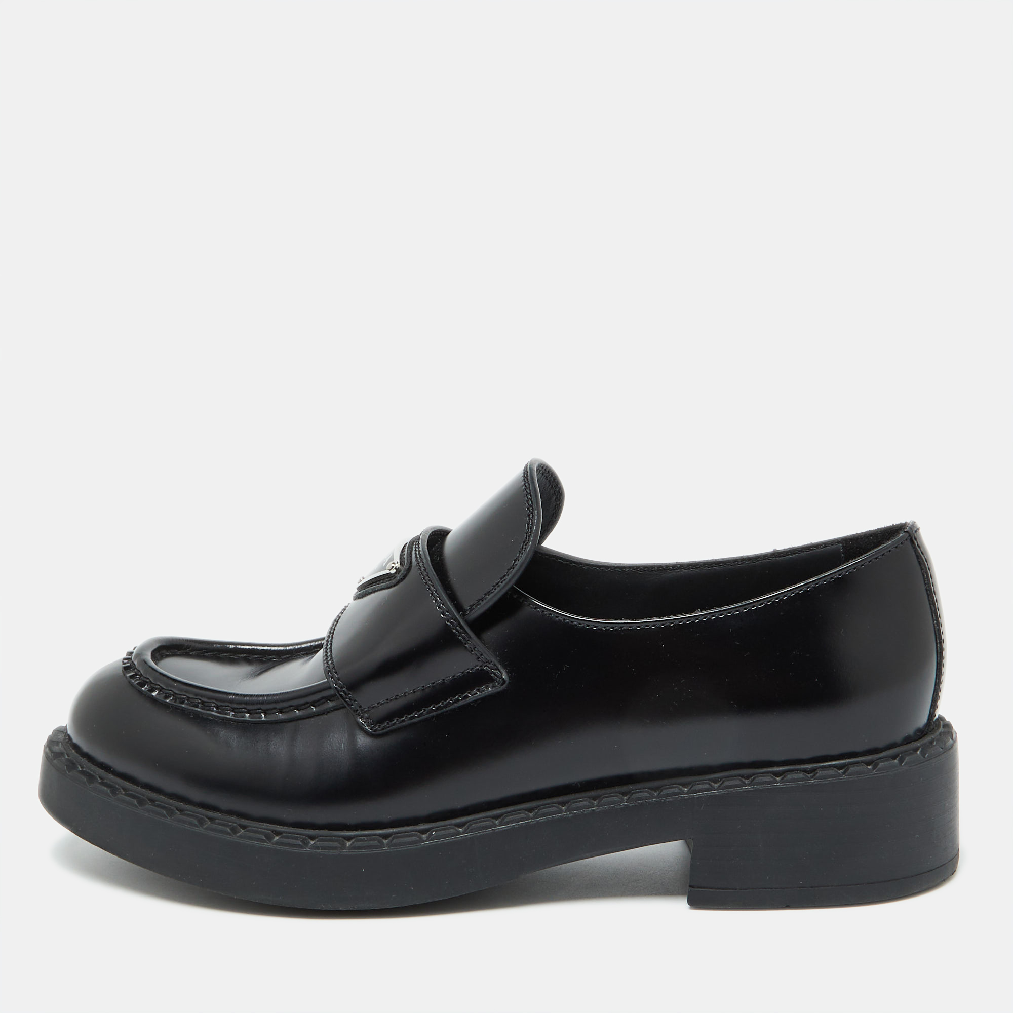 

Prada Black Brushed Leather Slip On Loafers Size