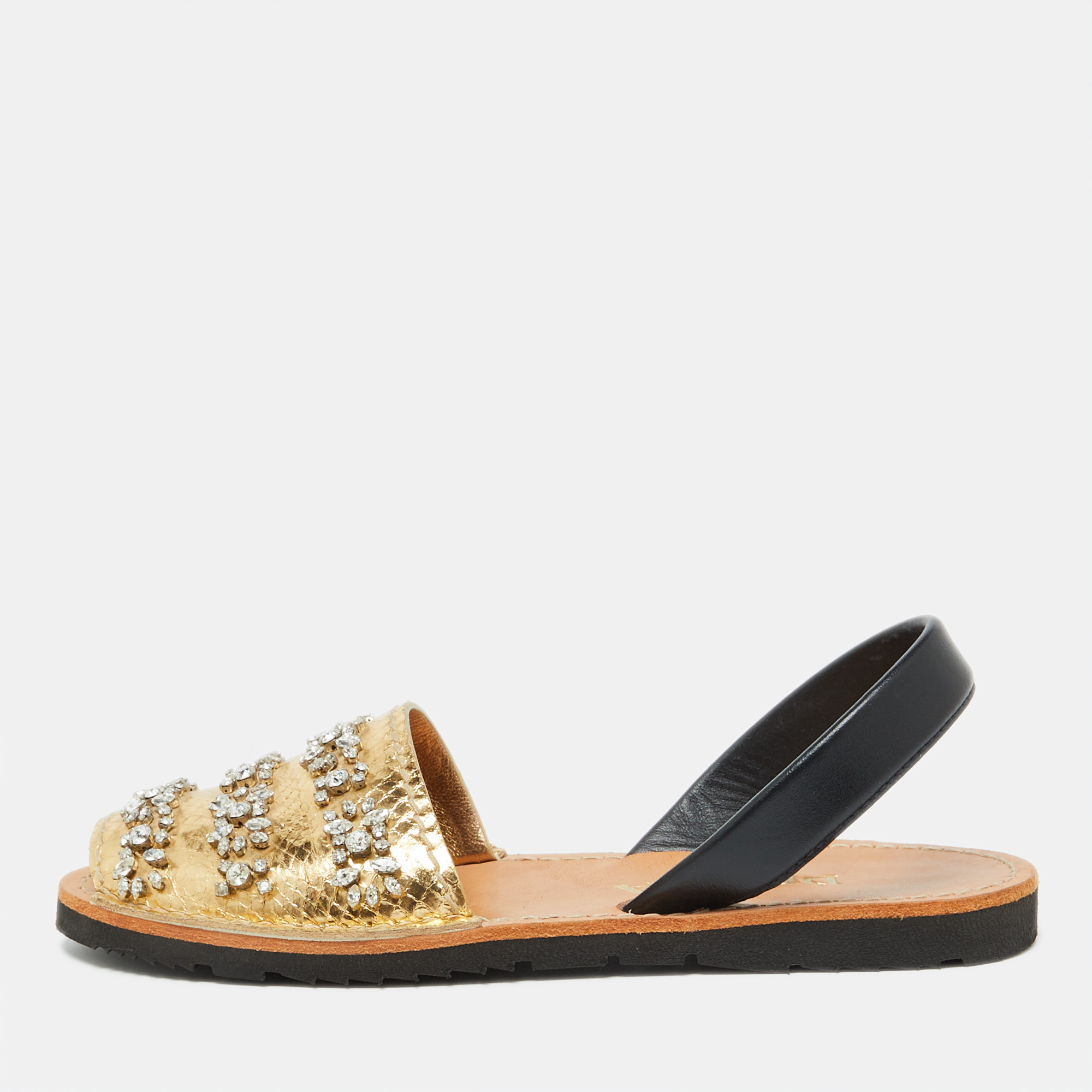 

Prada Gold/Black Snake Embossed Leather and Leather Crystal Embellished Slingback Flat Sandals Size