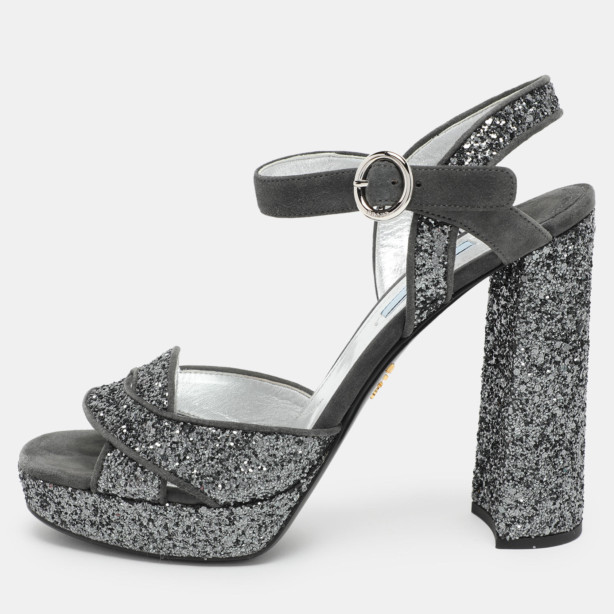 

Prada Grey Glitter and Suede Ankle Strap Sandals Size