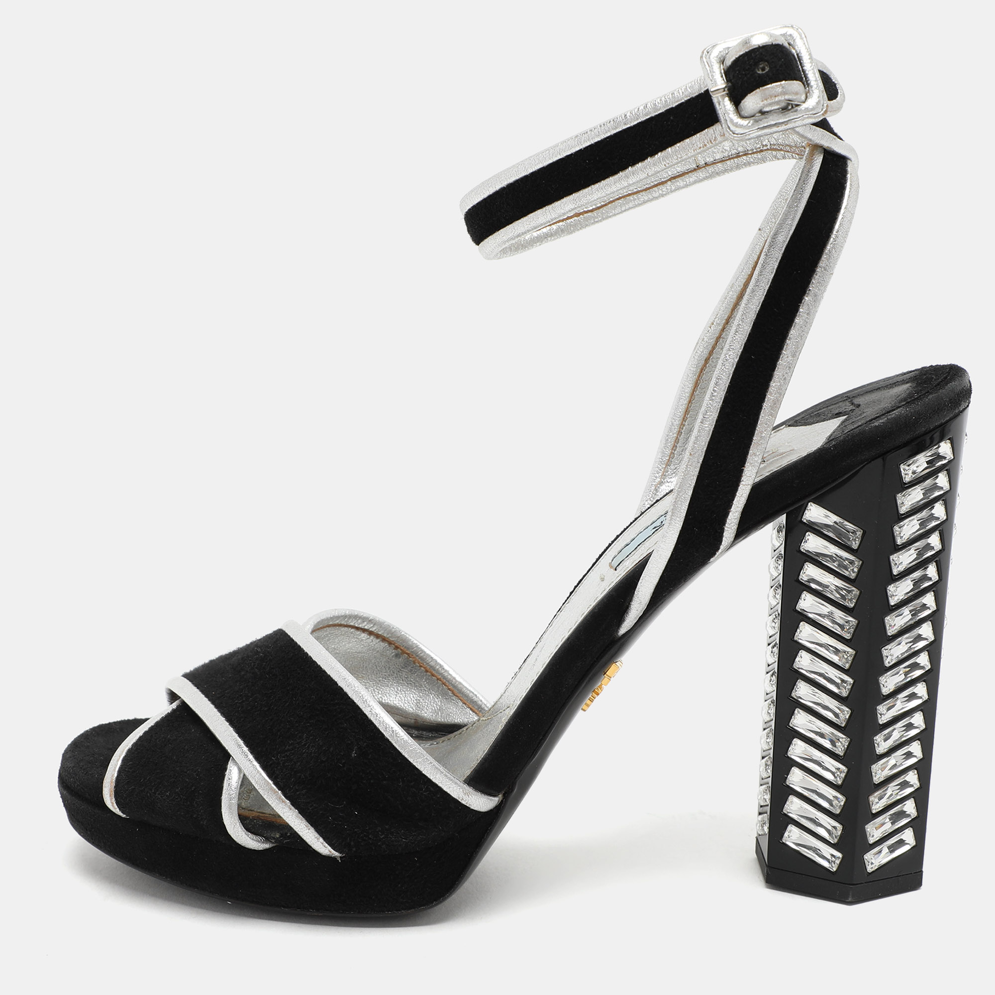 

Prada Black/Silver Suede and Leather Ankle Strap Sandals Size