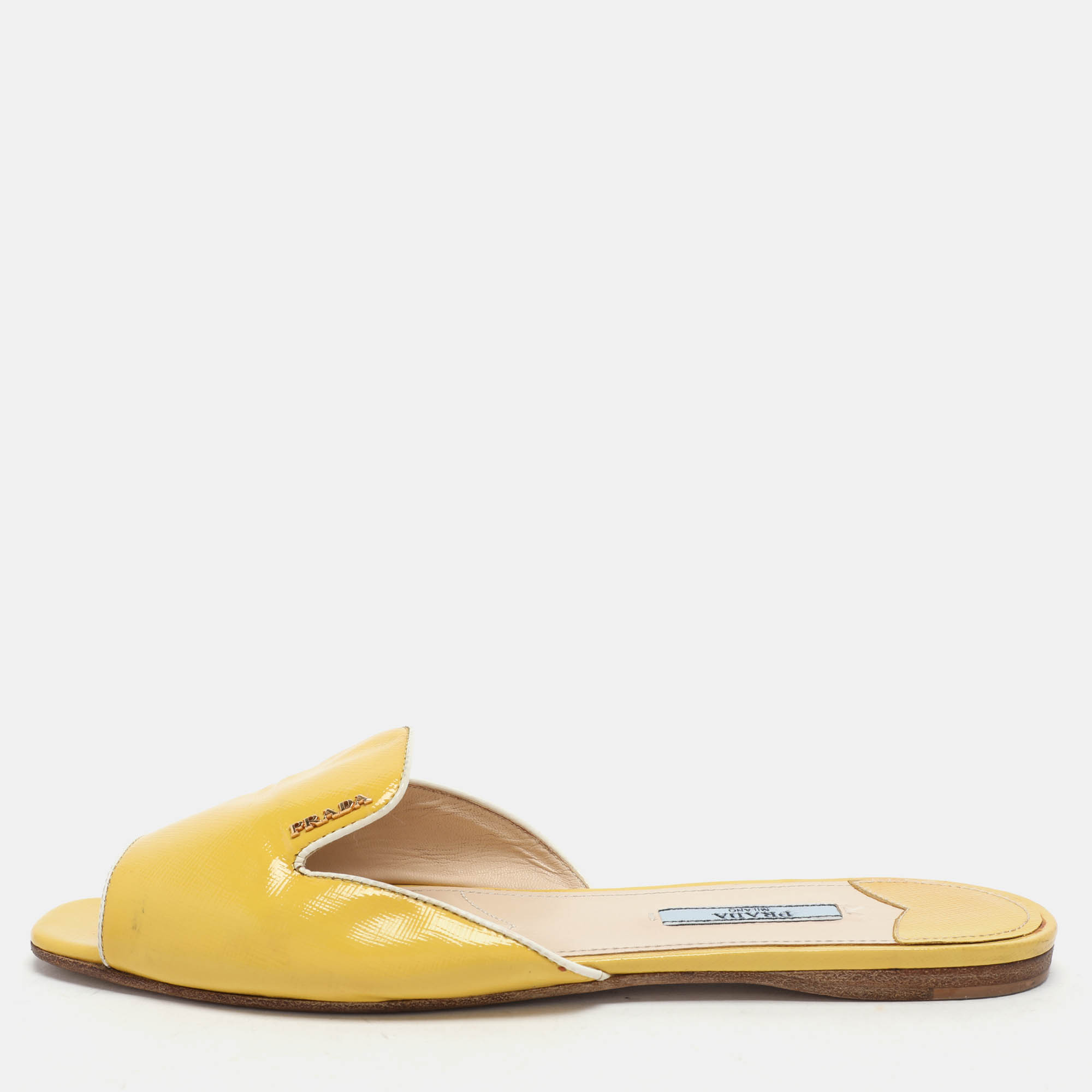 

Prada Yellow Patent Saffiano Leather Flat Slides Size