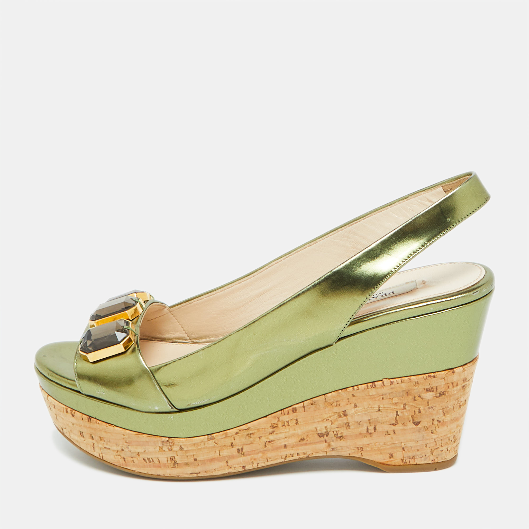 

Prada Green Leather Cork Platform Wedge Slingback Sandals Size