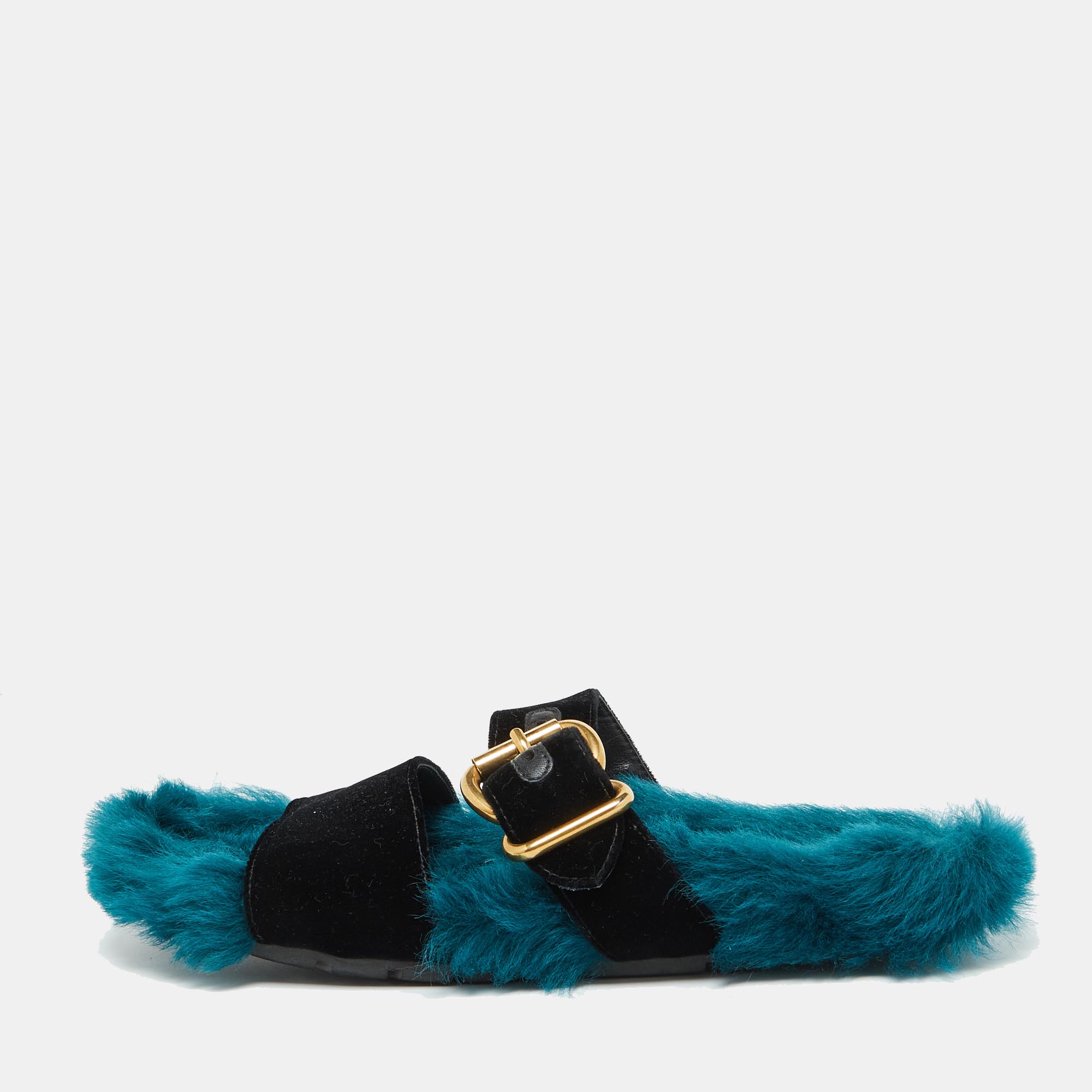 

Prada Black/Teal Blue Velvet Flat Sandals Size