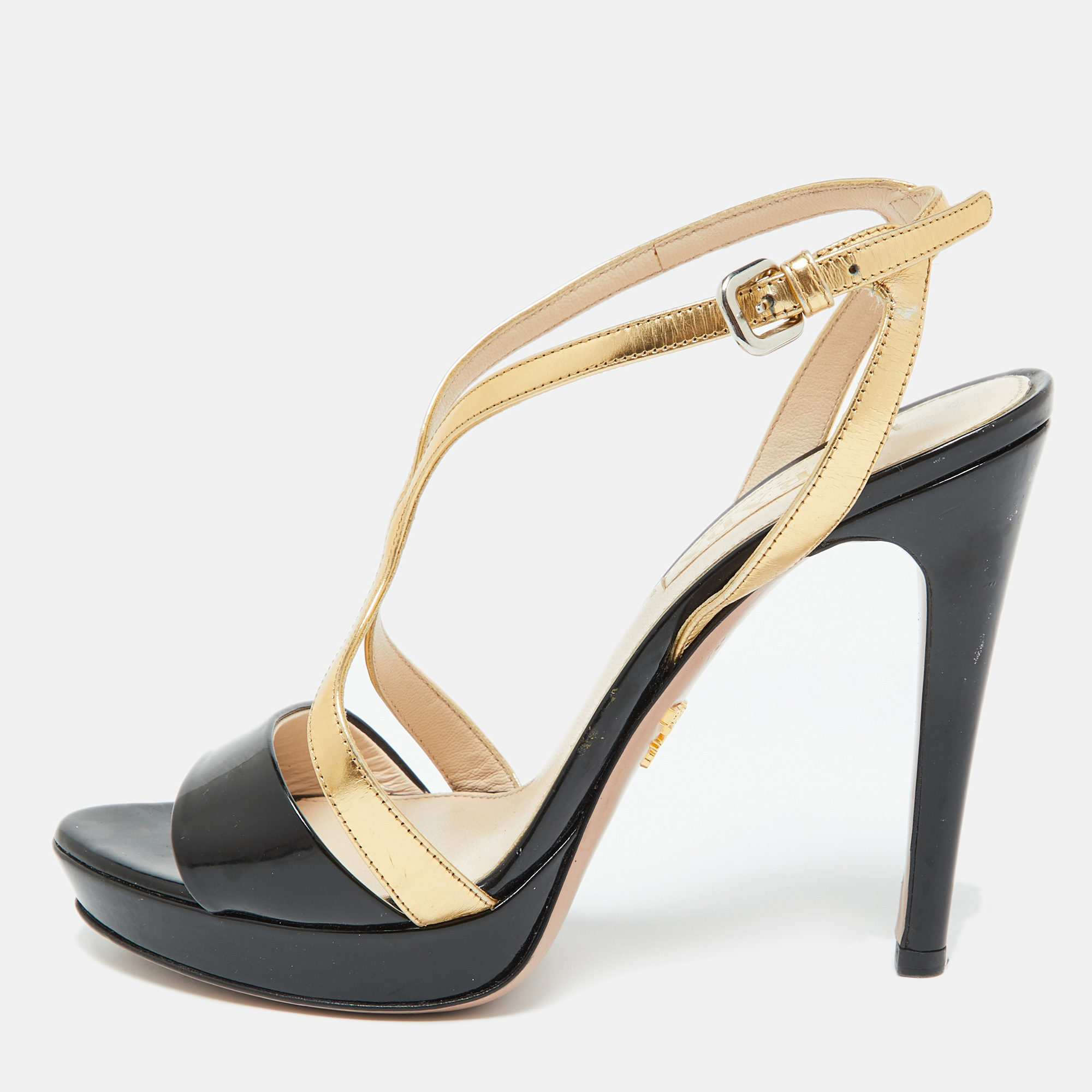 

Prada Black/Gold Leather Strappy Platform Sandals Size