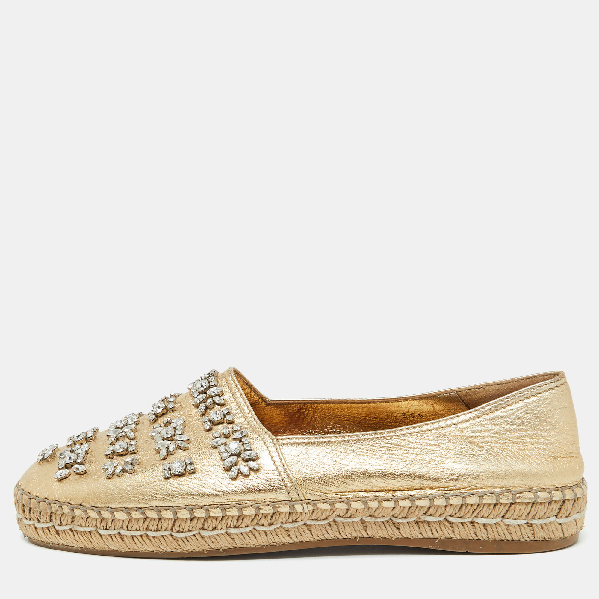 

Prada Gold Leather Crystal Embellished Espadrille Flats Size