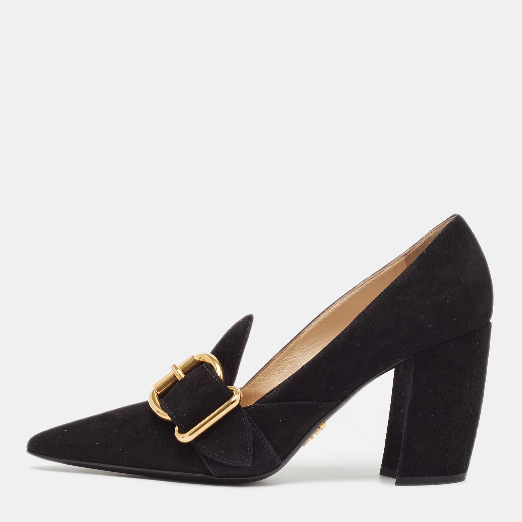 

Prada Black Suede Buckle Detail Block Heel Pumps Size