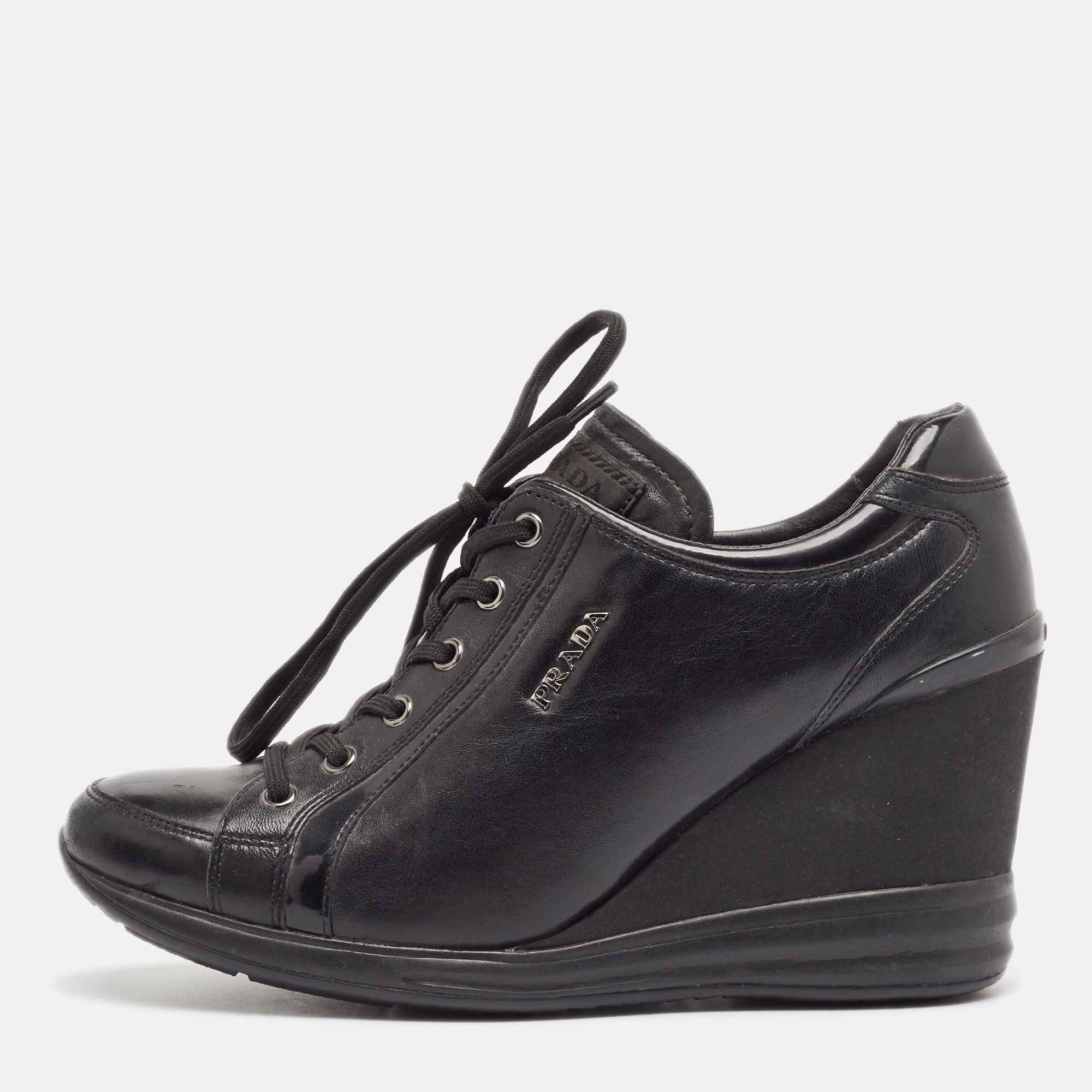 

Prada Black Leather High Top Wedge Sneakers Size