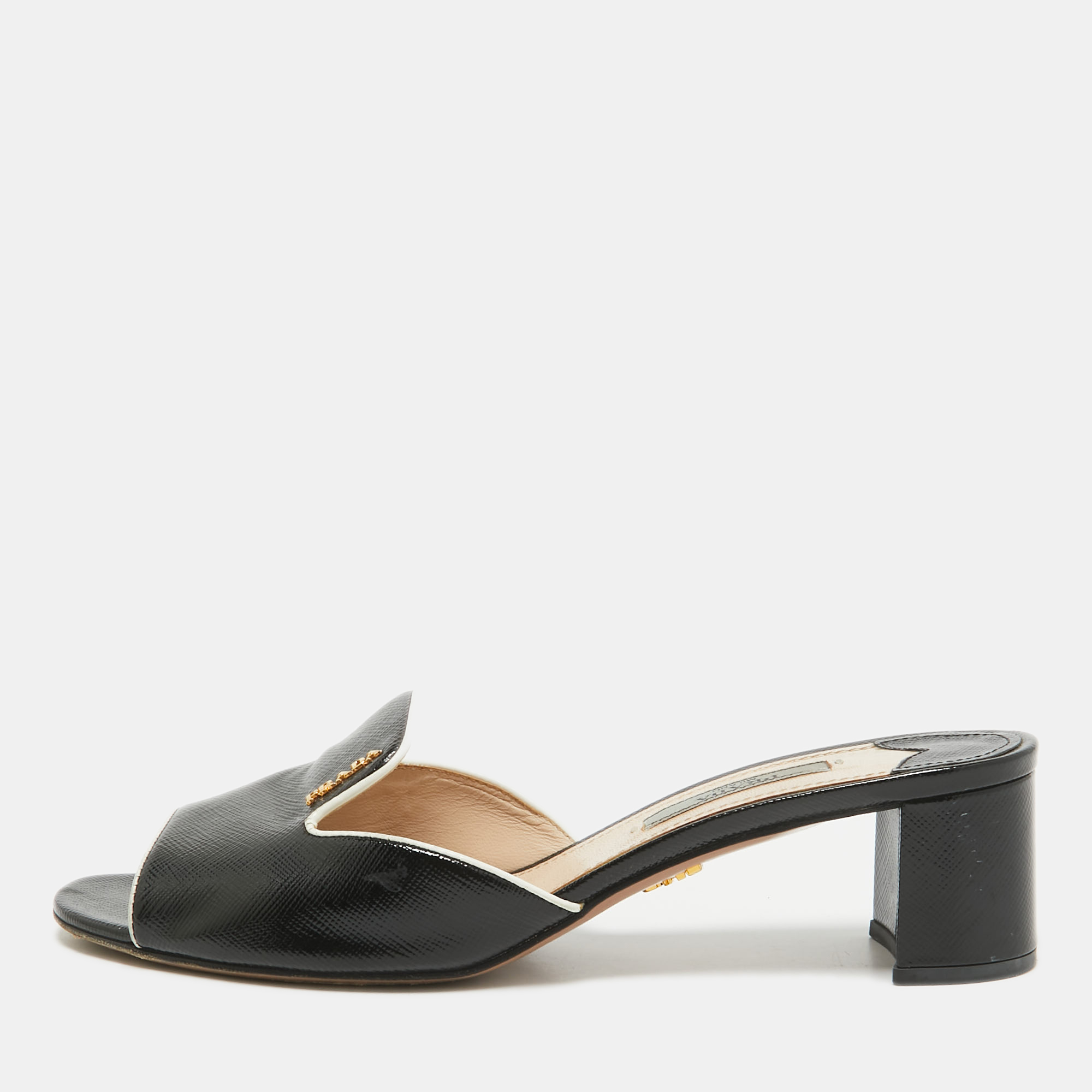 

Prada Black Vernice Saffiano Leather Slide Sandals Size