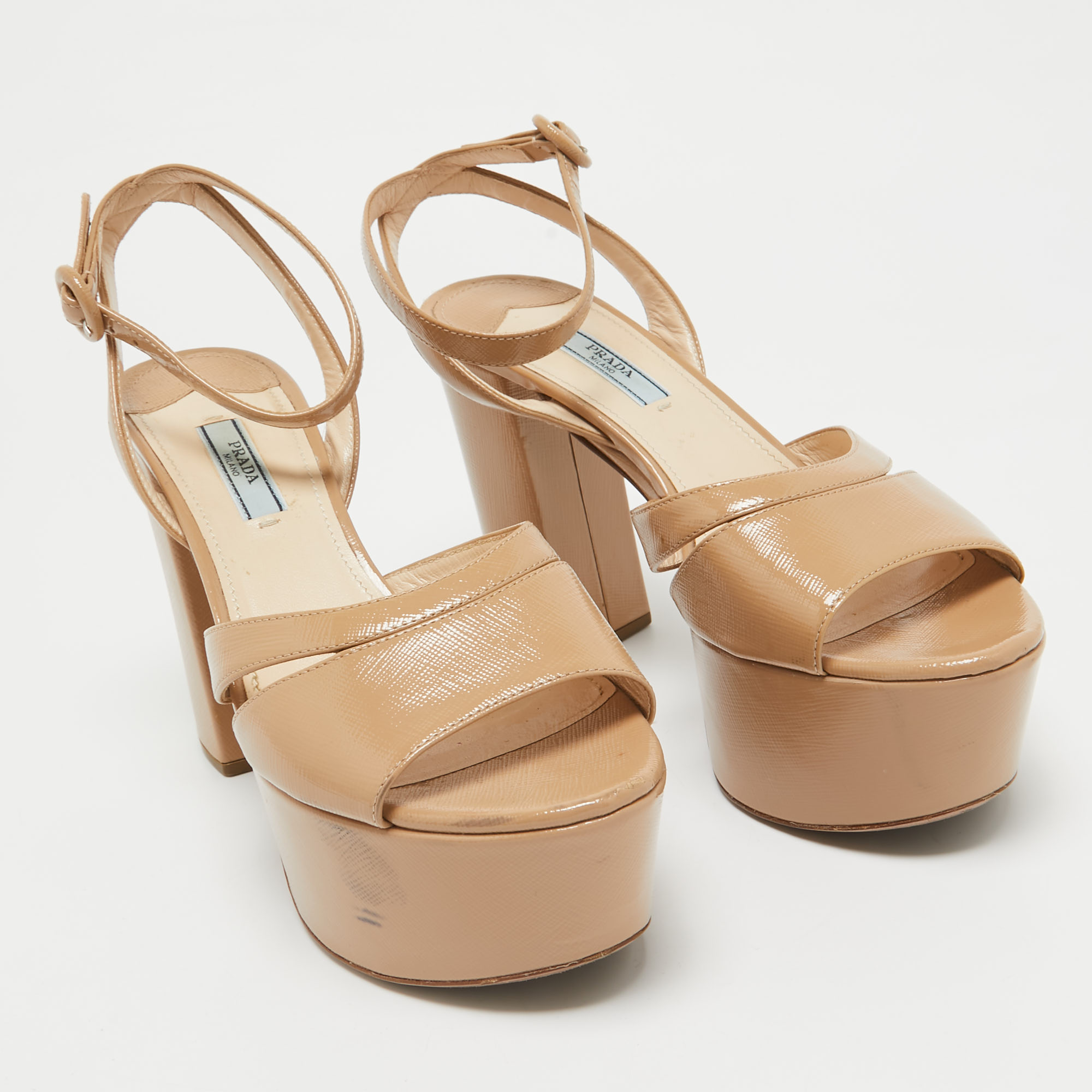 Prada Beige Patent Leather Ankle Strap Sandals Size 39 