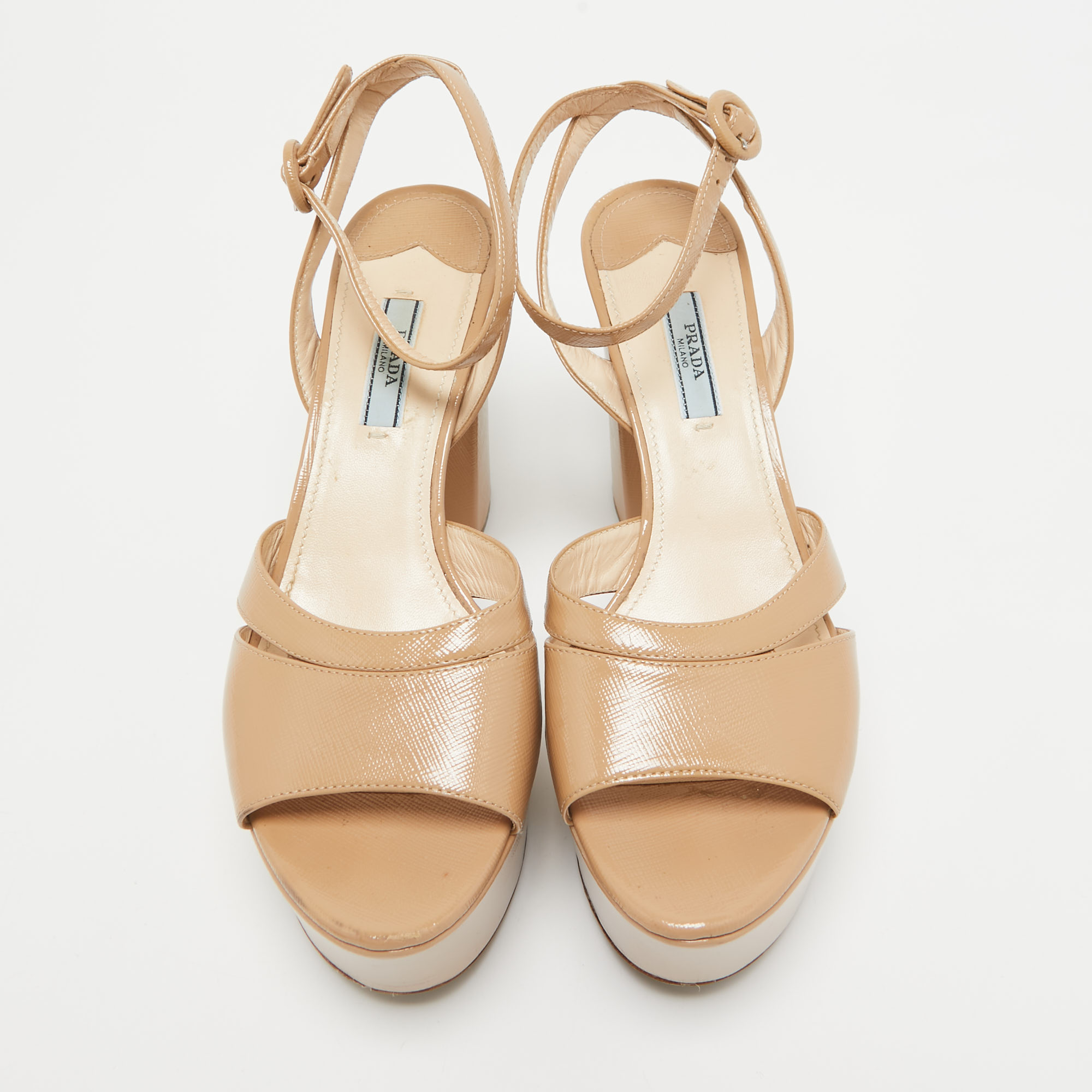 Prada Beige Patent Leather Ankle Strap Sandals Size 39 