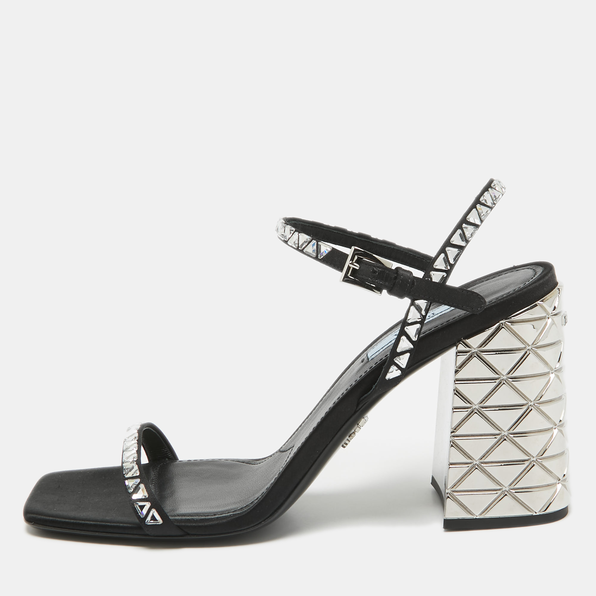 

Prada Black Satin Embellished Ankle Strap Sandals Size