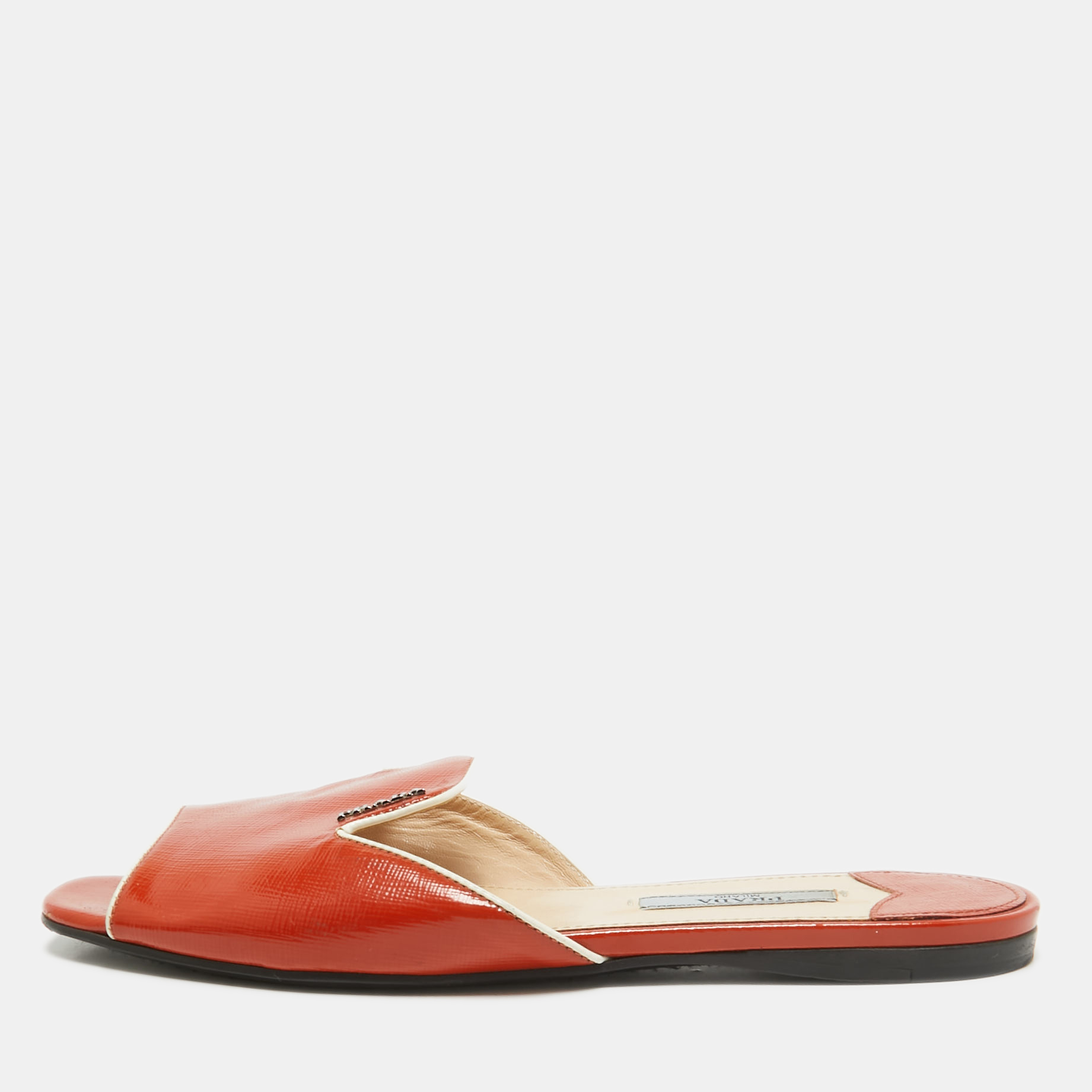 Pre-owned Prada Orange Patent Leather Flat Slides Size 36