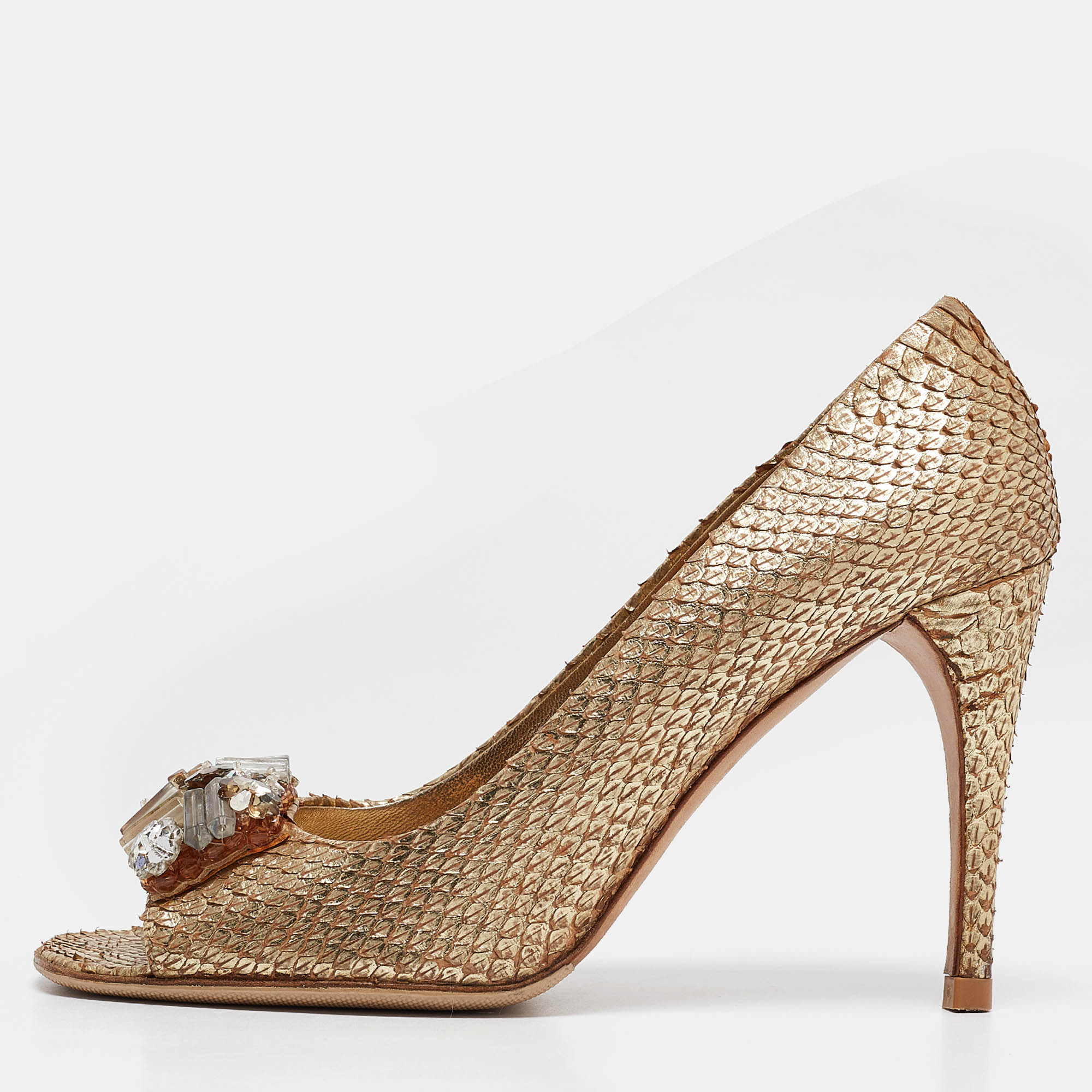 

Prada Gold Snakeskin Leather Peep Toe Pumps Size