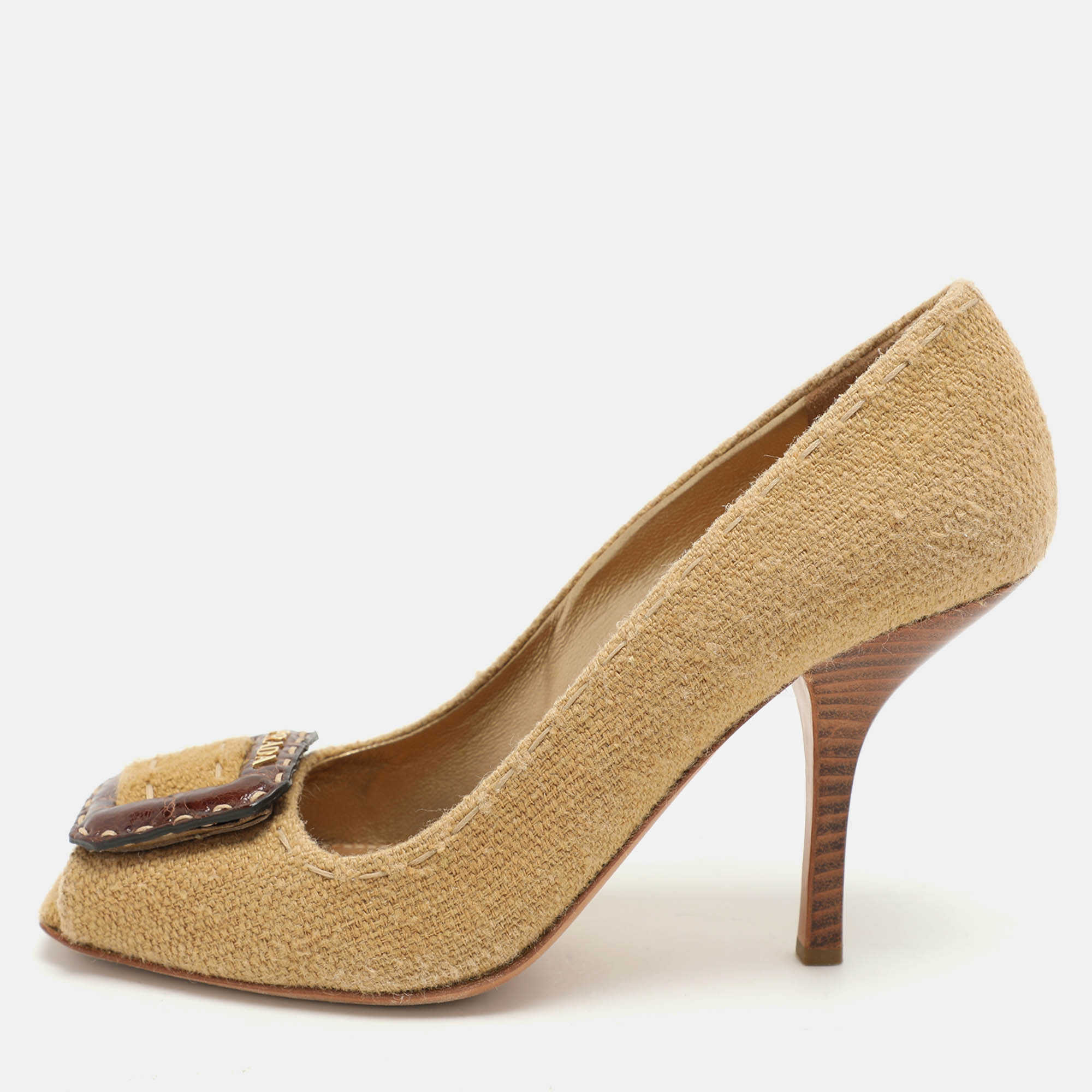 

Prada Brown Woven Fabric Embellished Peep Toe Pumps Size