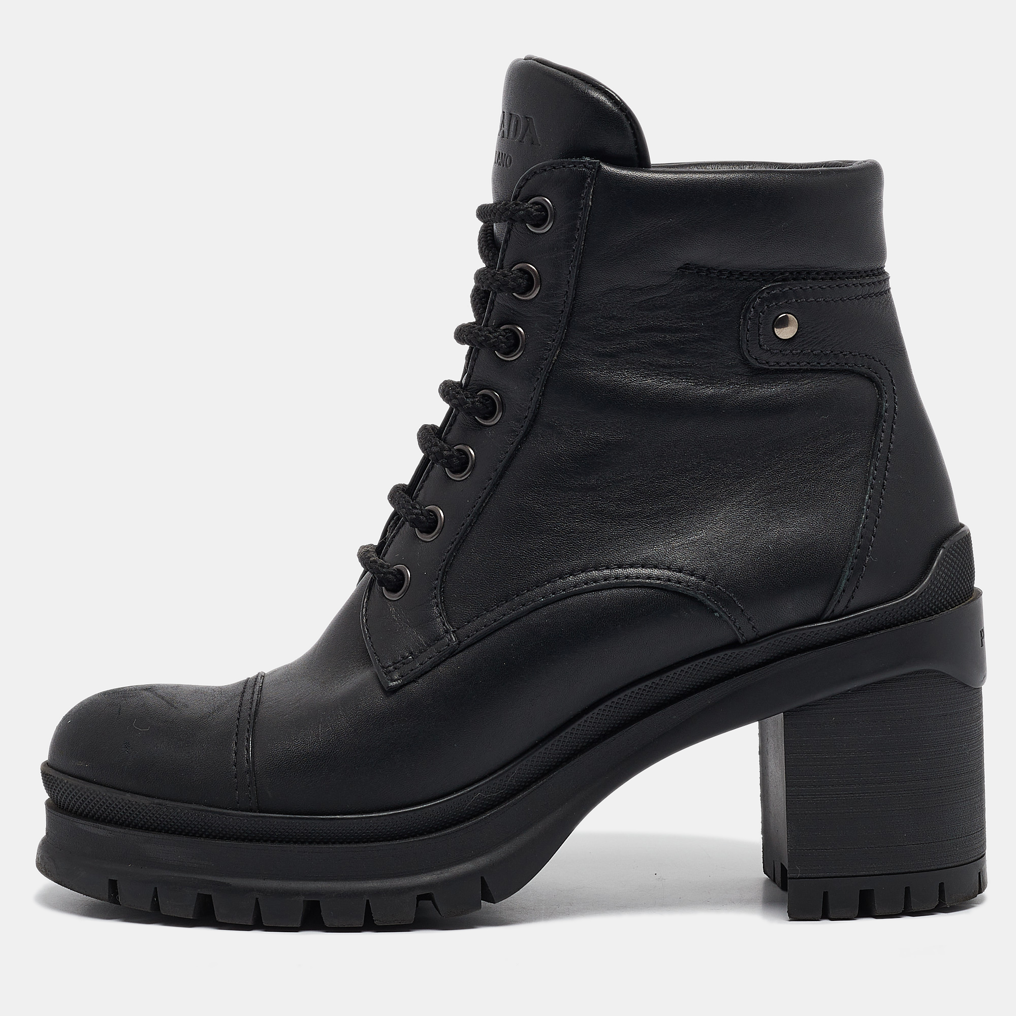 

Prada Black Leather Lace Up Combat Boots Size