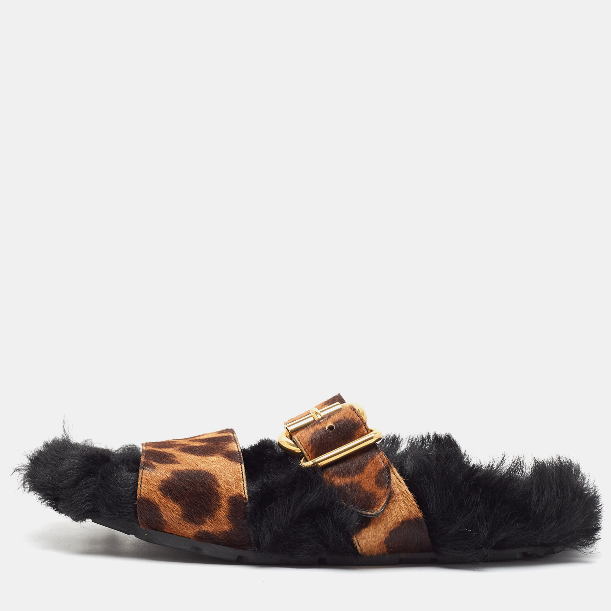 

Prada Brown Calf Hair and Fur Buckle Flat Slides Size