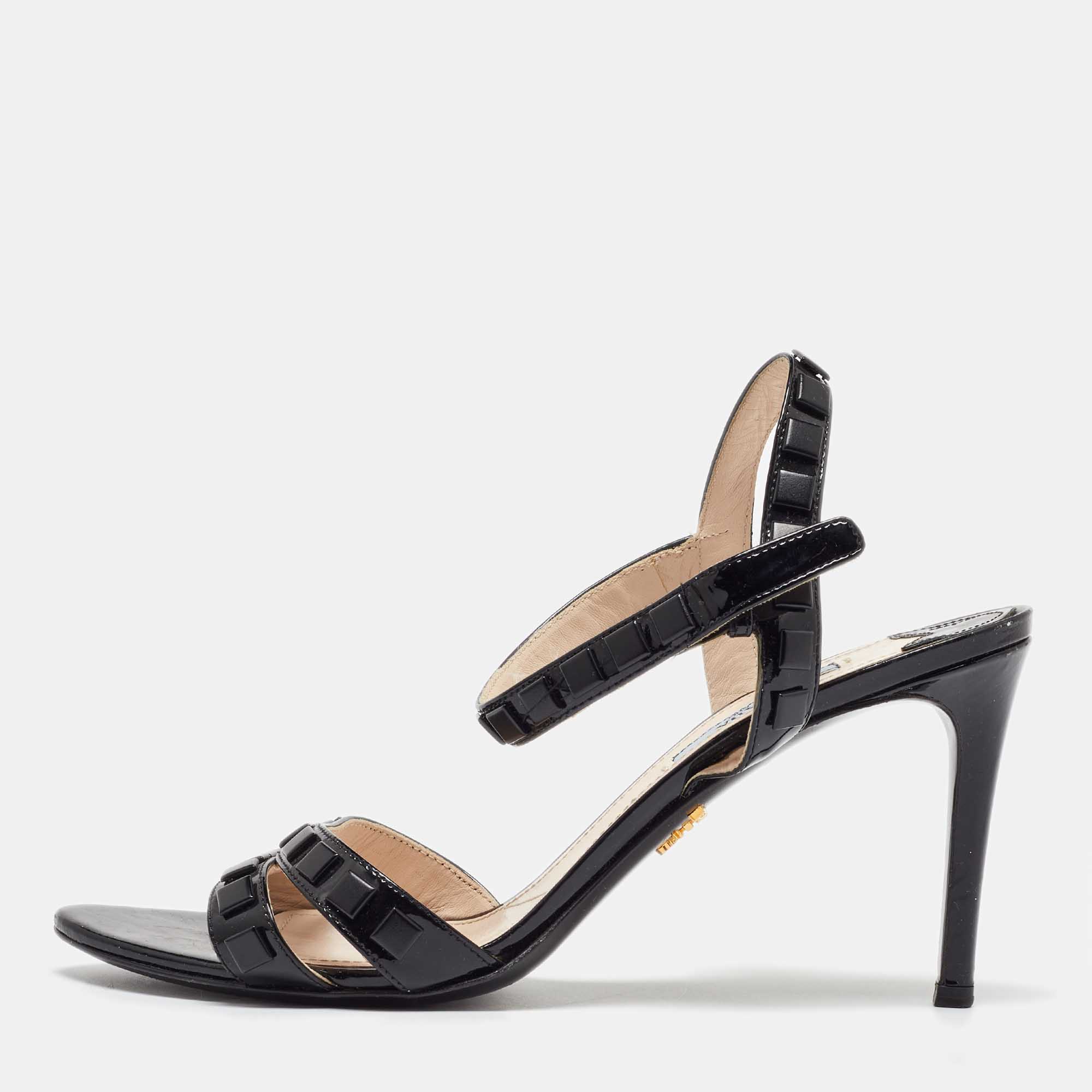 

Prada Black Patent Leather Studded Ankle Strap Sandals Size