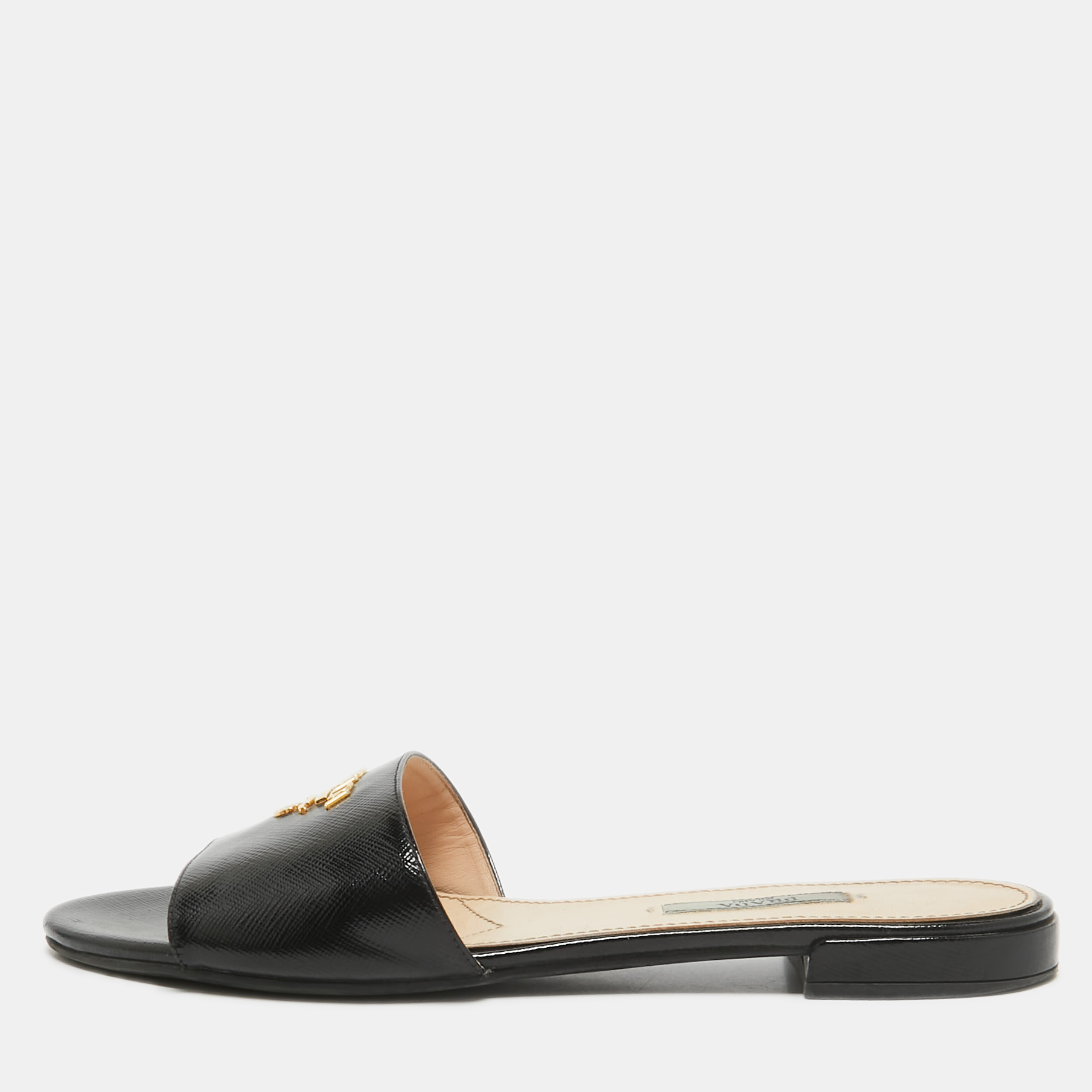 

Prada Black Vernice Saffiano Leather Flat Slides Size