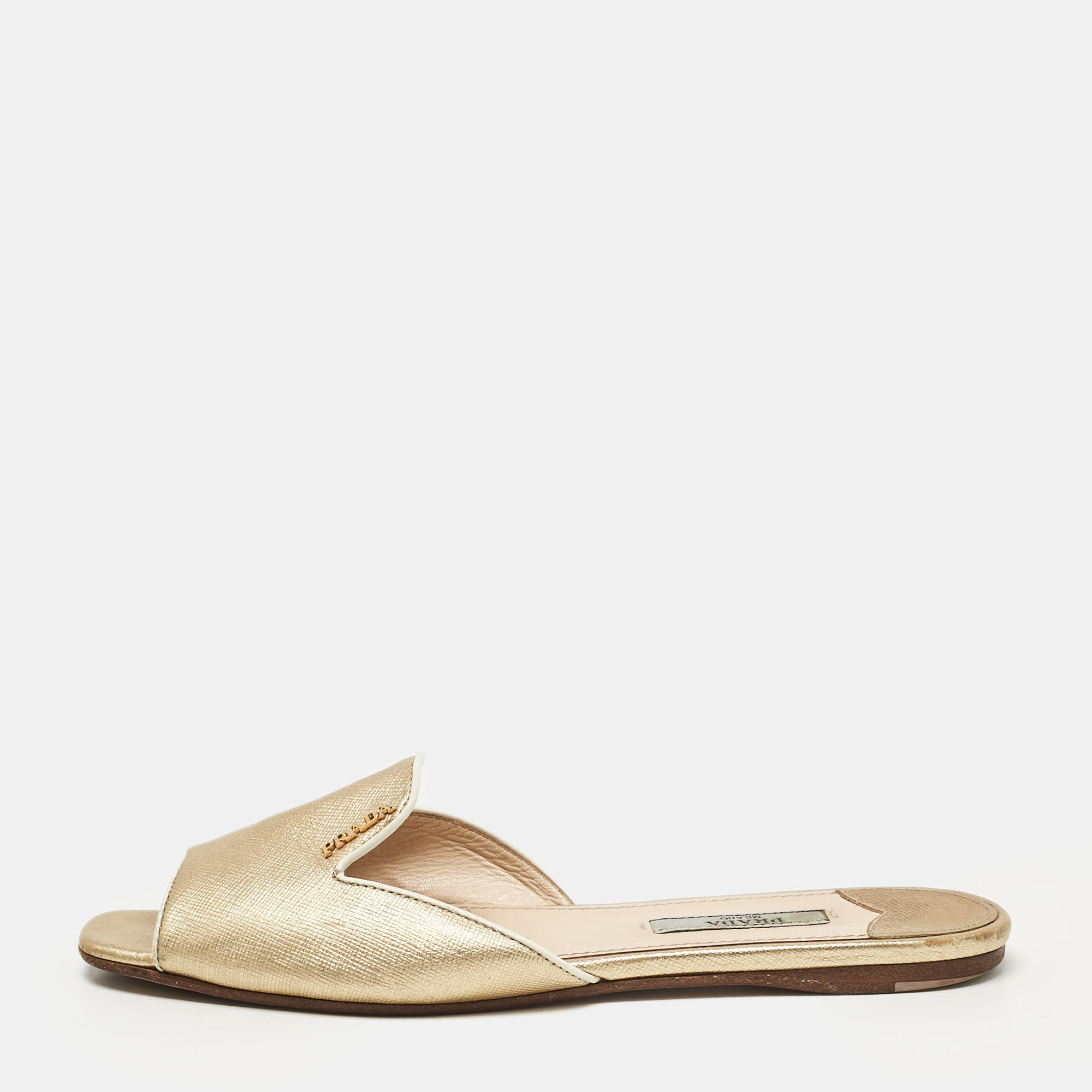 

Prada Gold Leather Flat Slides Size