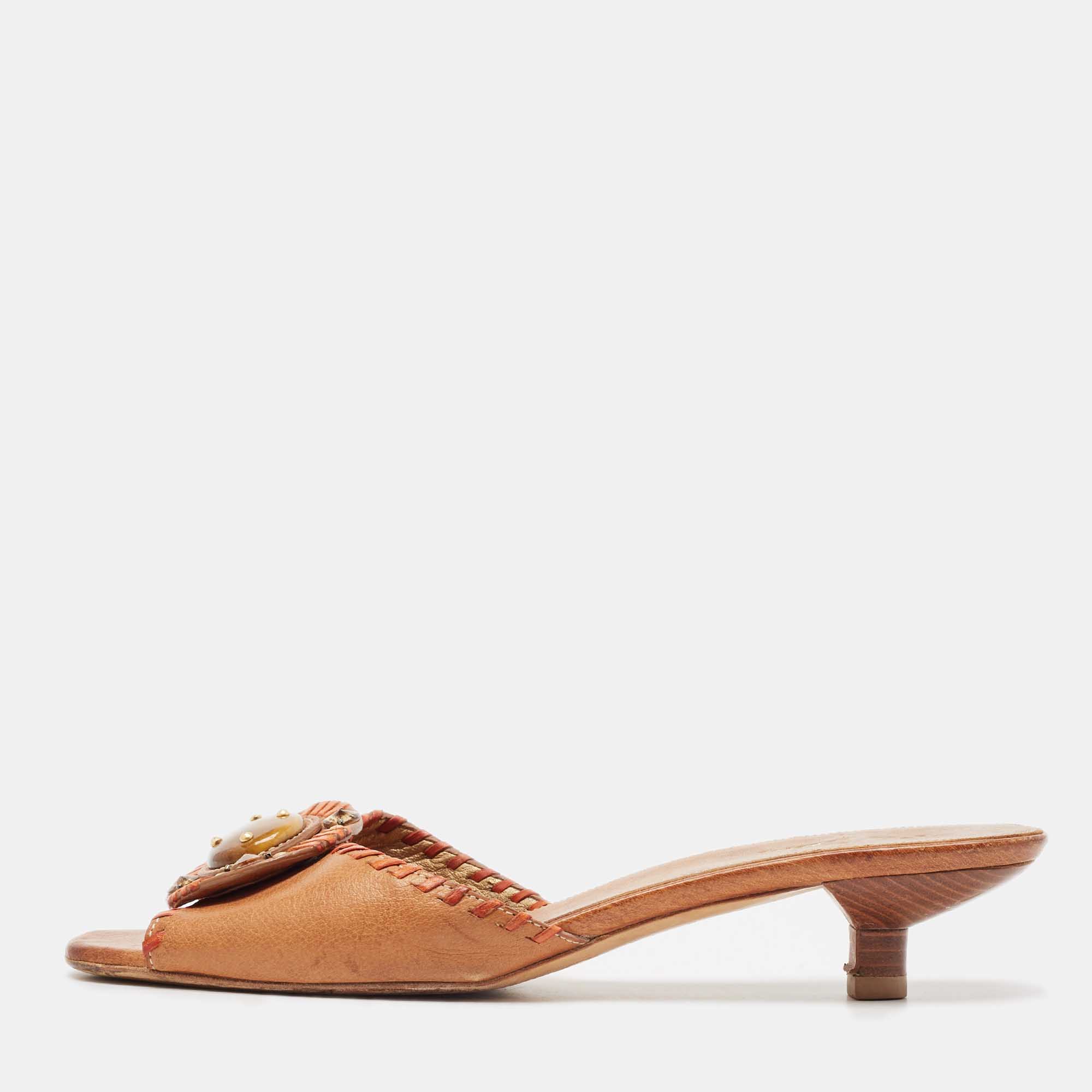 

Prada Brown Leather Embellished Slide Sandals Size