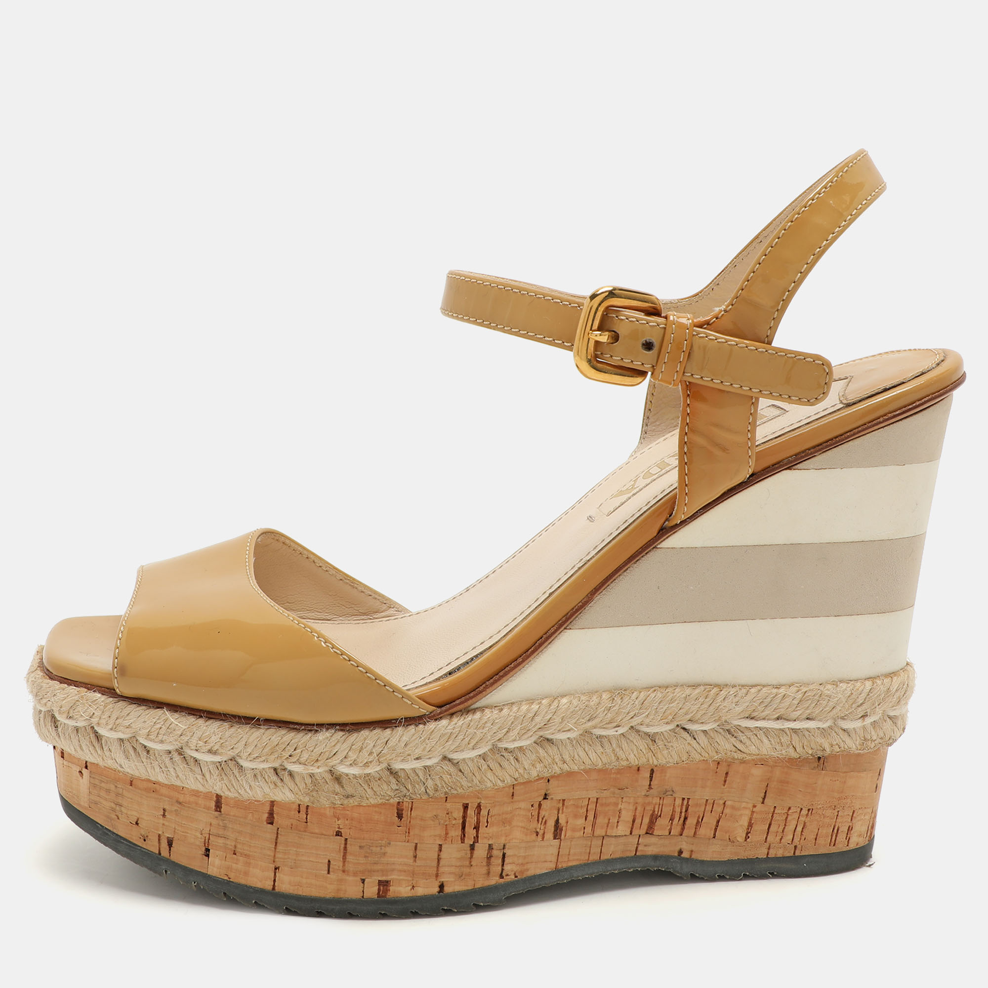 Pre-owned Prada Beige Patent Leather Wedge Espadrille Sandals Size 39.5