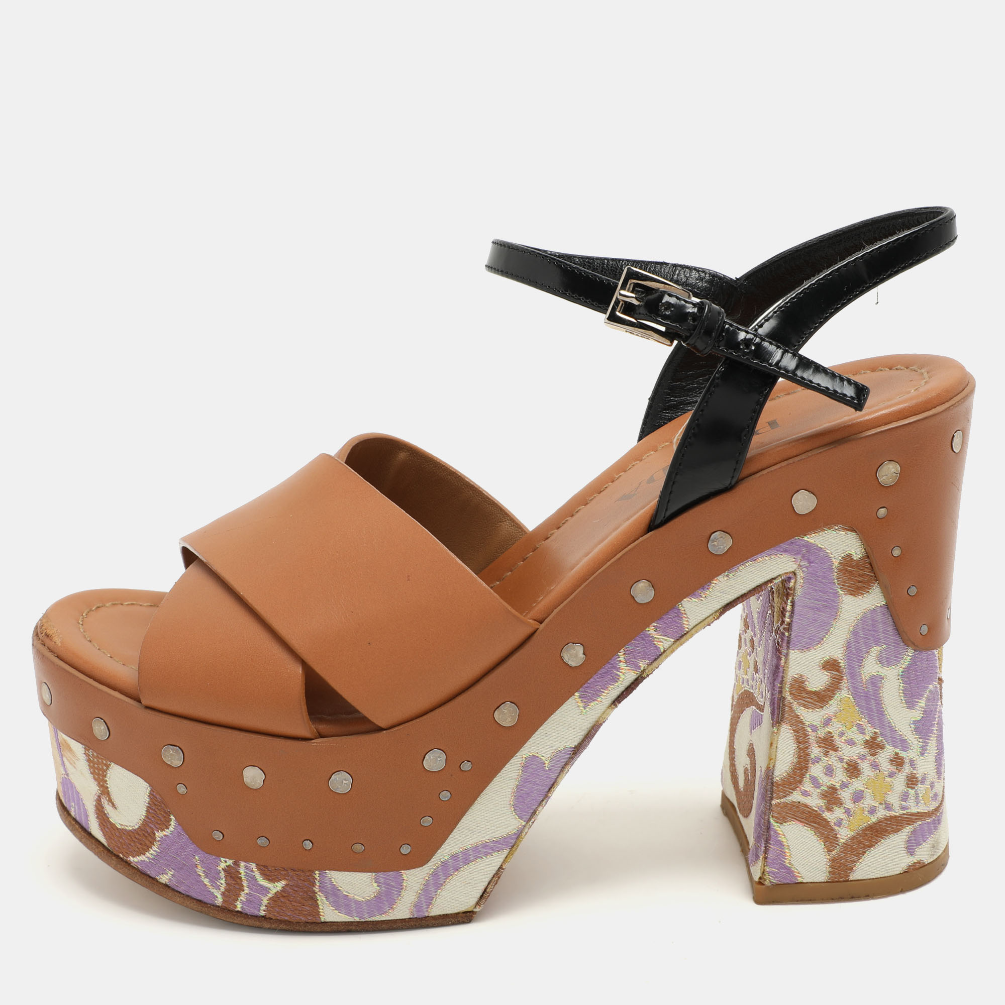 

Prada Brown Leather Platform Ankle Strap Sandals Size