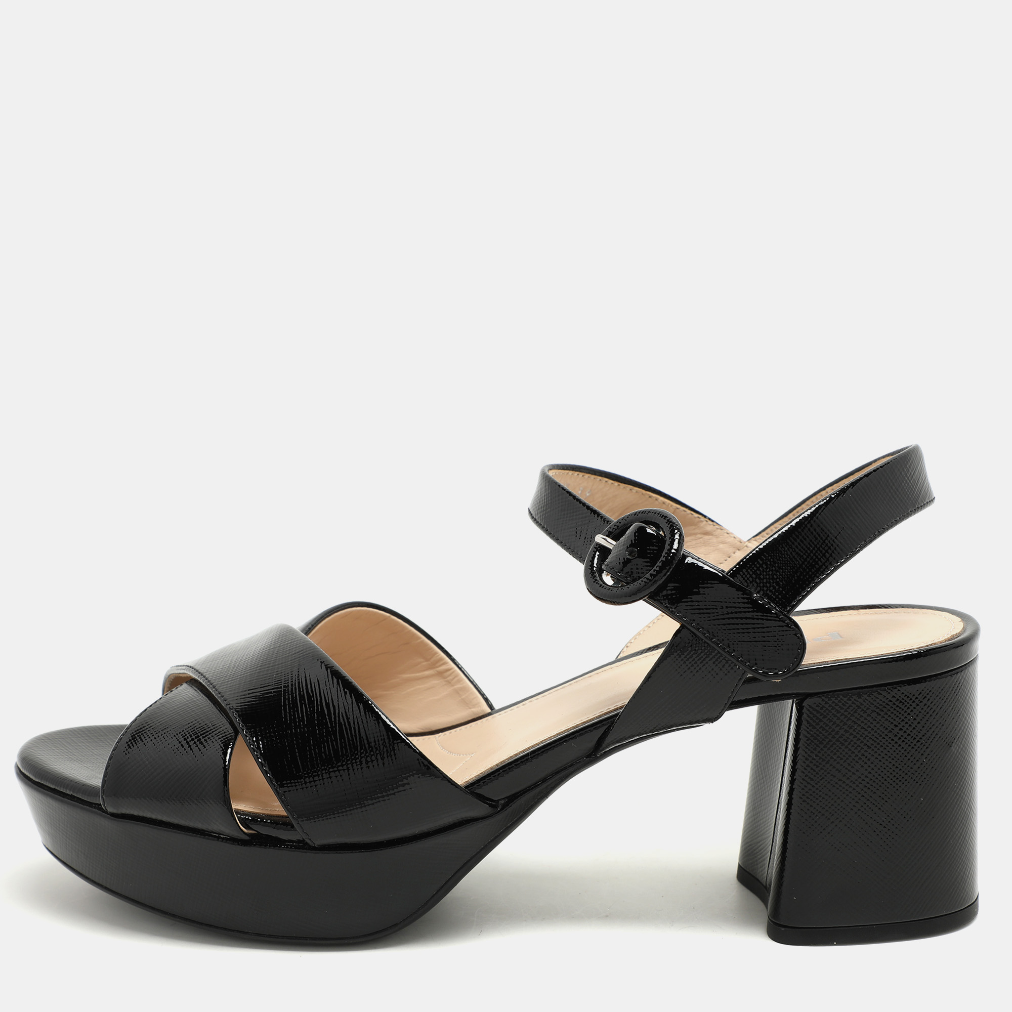 

Prada Black Patent Saffiano Leather Platform Ankle Strap Sandals Size