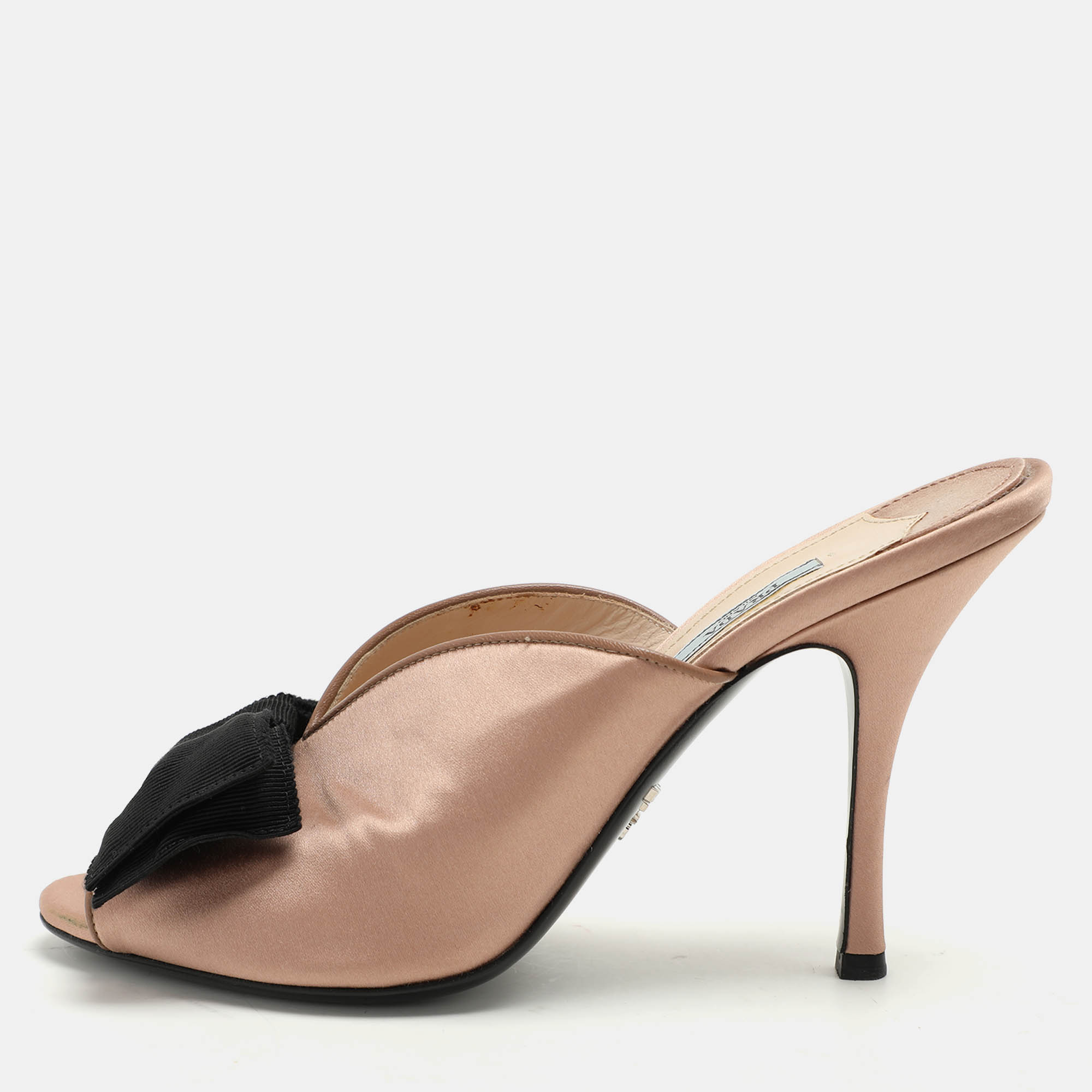 

Prada Beige/Black Satin Bow Slide Sandals Size