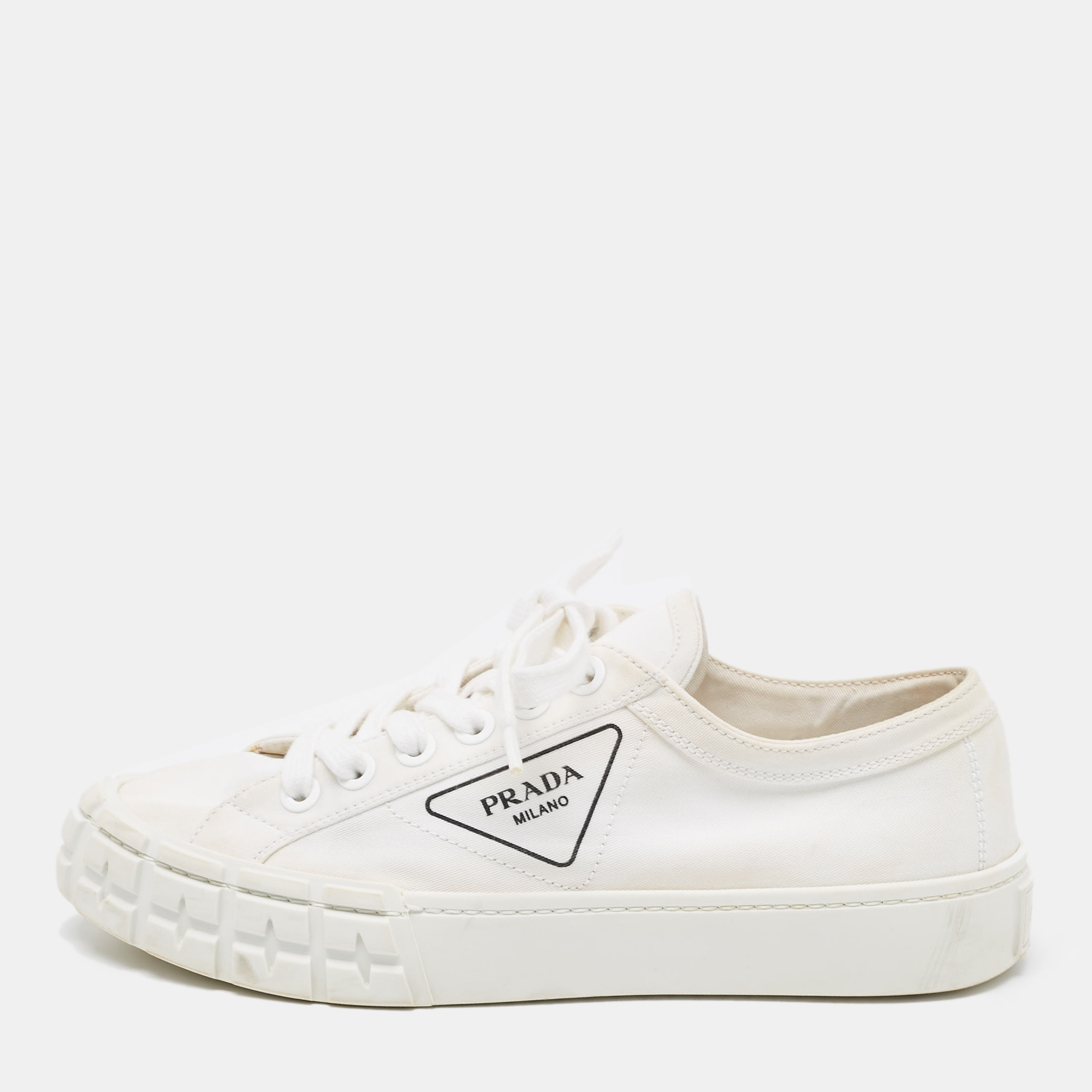 

Prada White Canvas Double Wheel Platform Sneakers Size