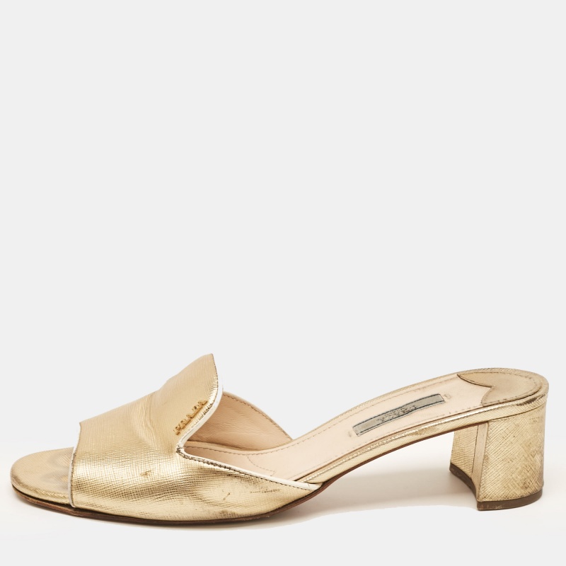 

Prada Gold Saffiano Leather Slide Sandals Size