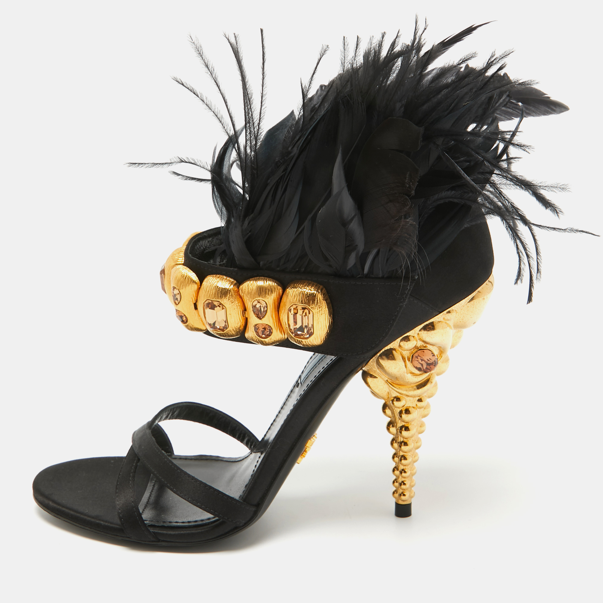 

Prada Black Satin and Feather Ankle Strap Sandals Size