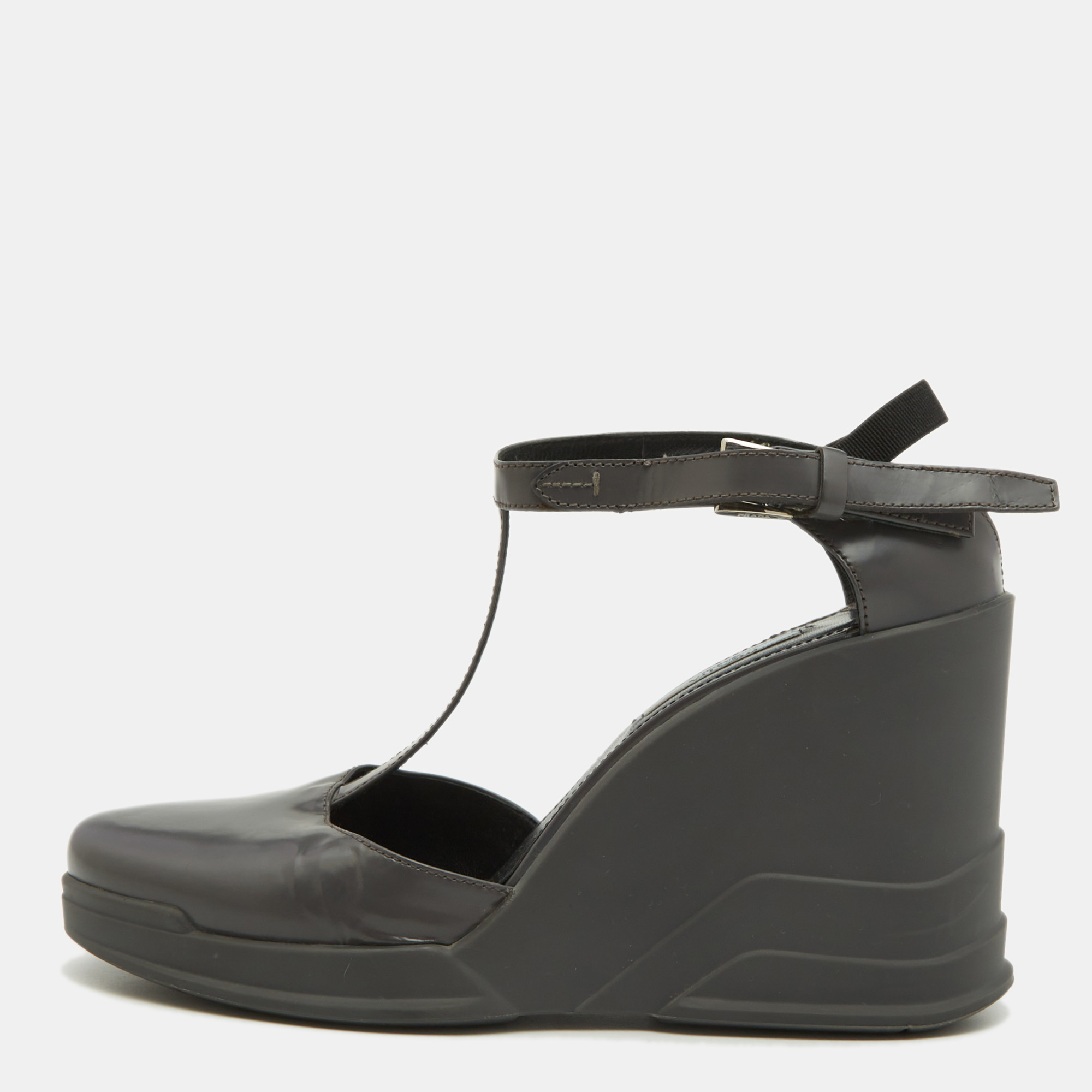 

Prada Grey Leather T-Strap Wedge Ankle Strap Pumps Size