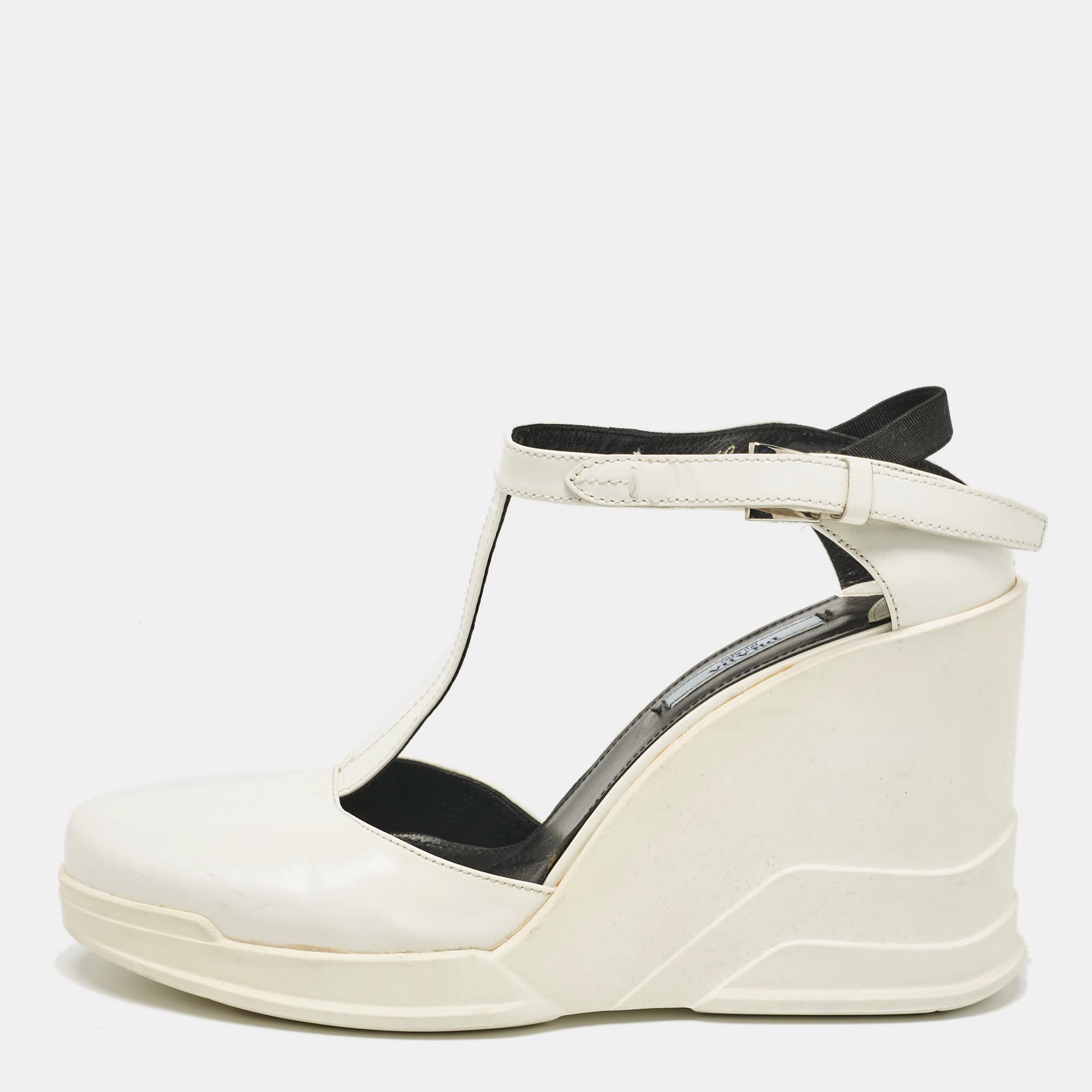 

Prada White Leather T-Strap Wedge Sandals Size