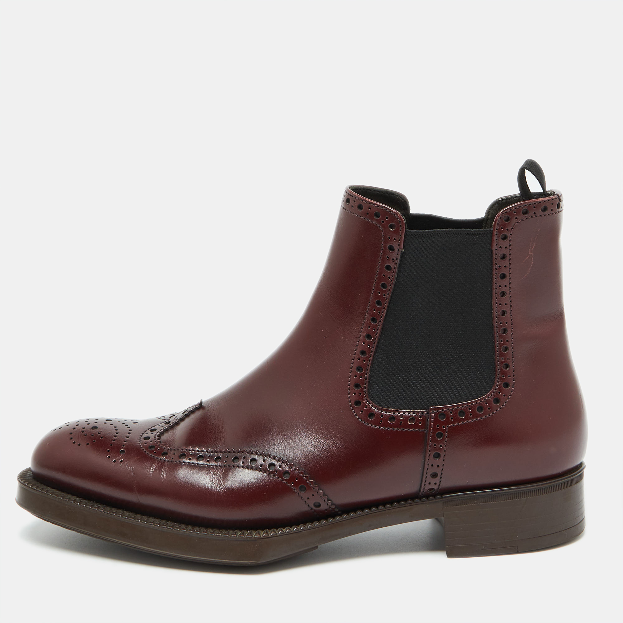 

Prada Burgundy Leather Brogue Ankle Length Chelsea Boots Size