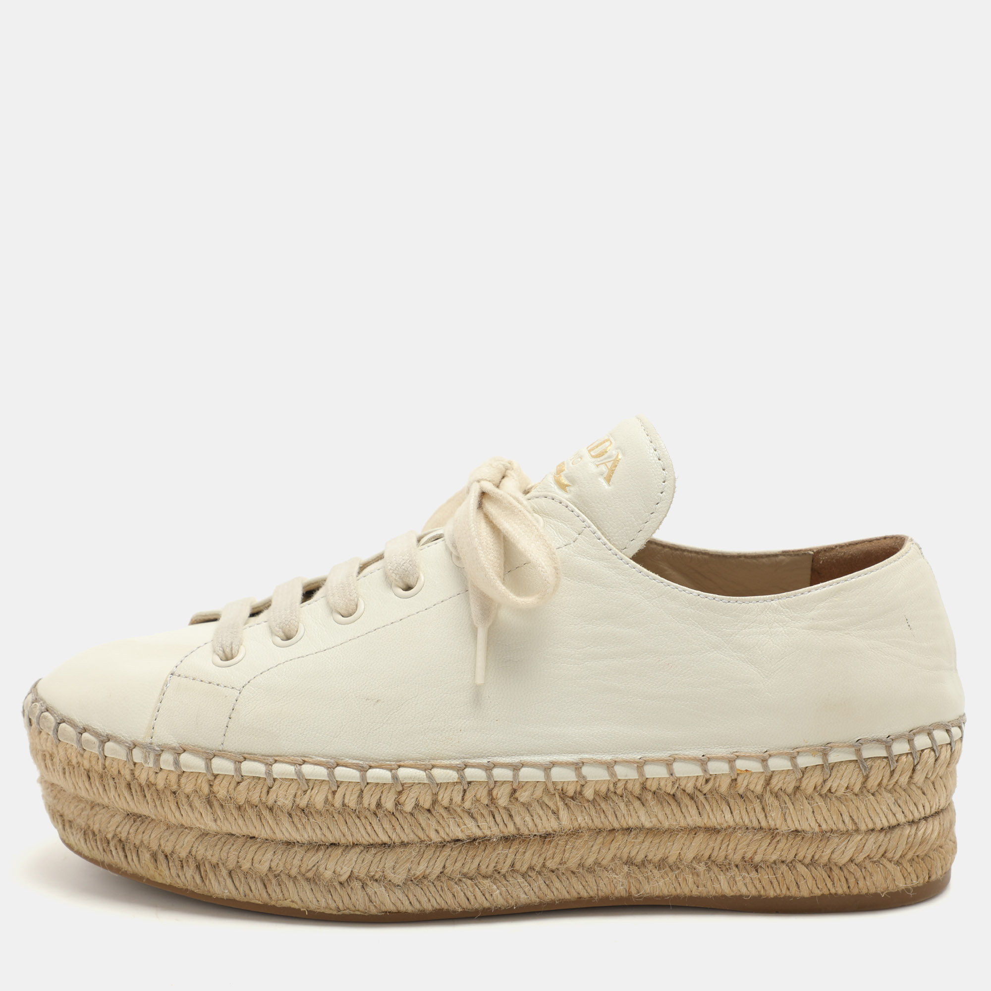 

Prada White Leather Platform Espadrille Lace Up Sneakers Size