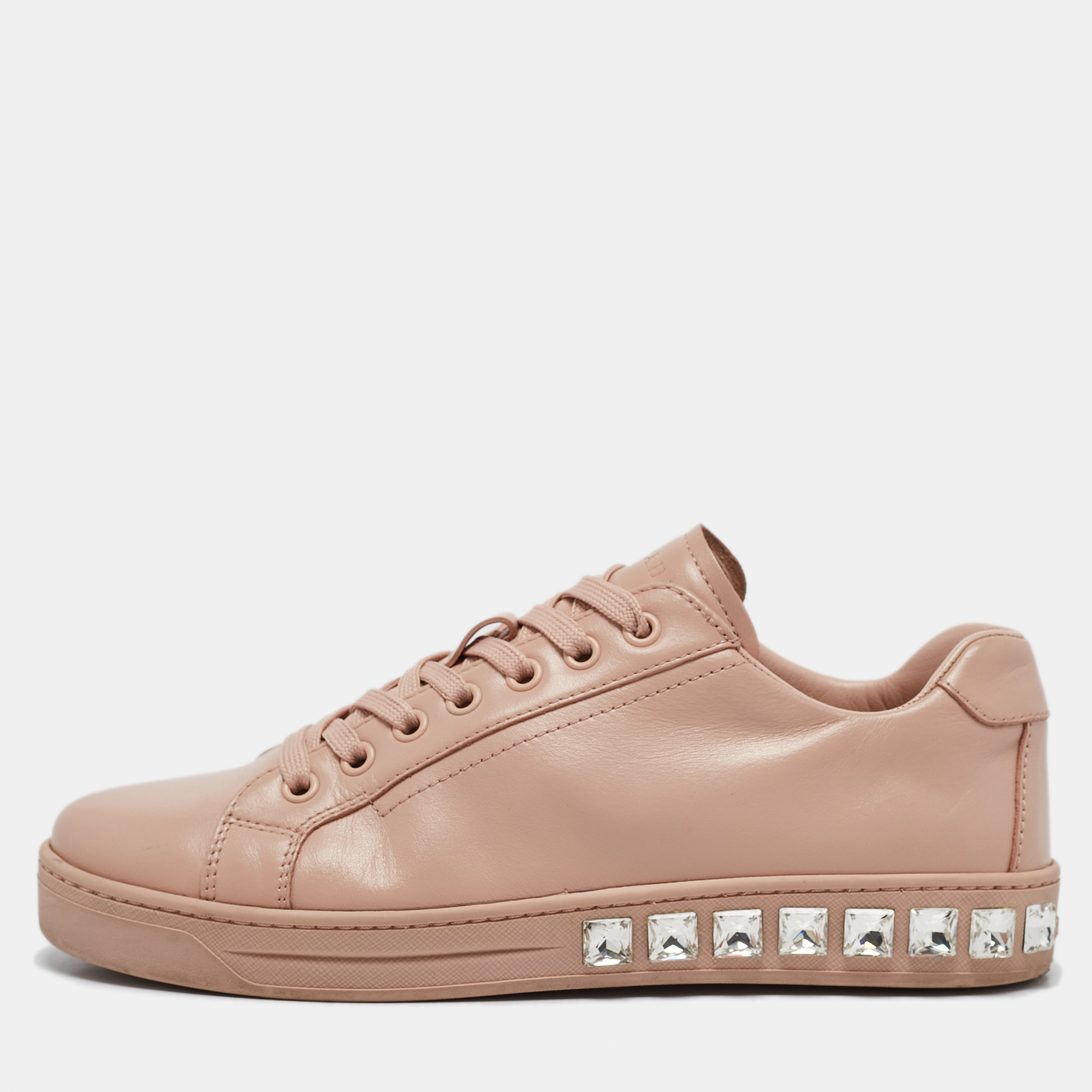 

Prada Pink Leather Crystal Embellished Low Top Sneakers Size