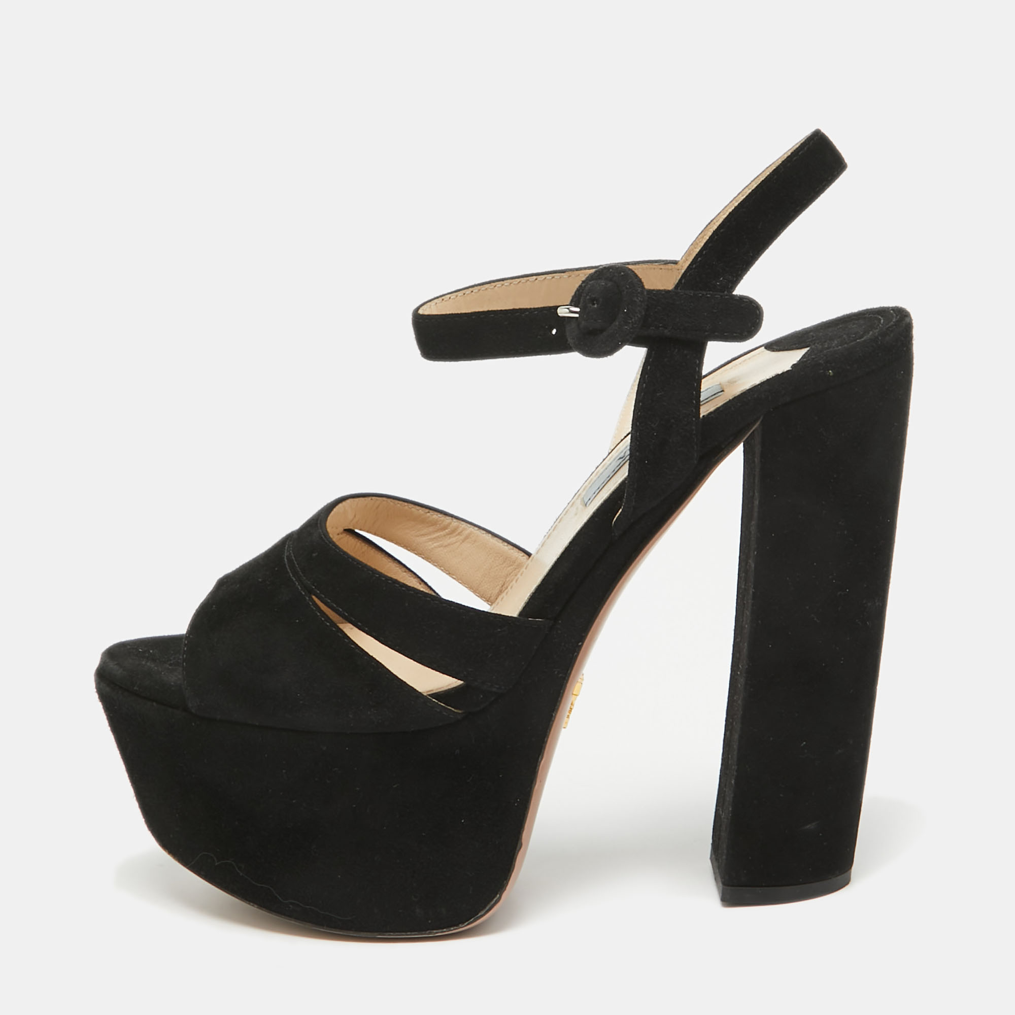 

Prada Black Suede Ankle Strap Platform Block Heel Sandals Size