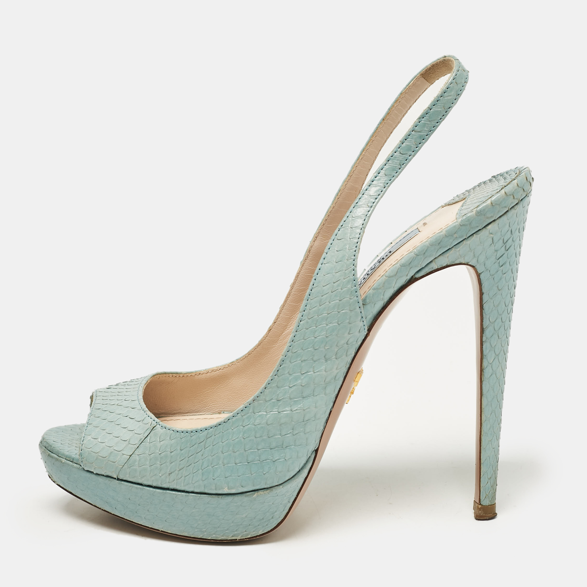 

Prada Light Blue Embossed Python Platform Slingback Sandals Size