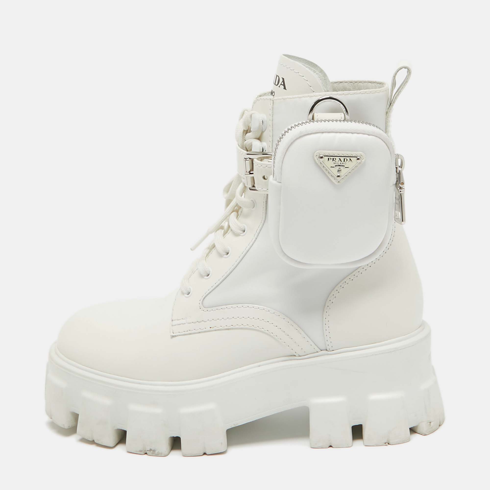 

Prada White Leather and Nylon Monolith Ankle Length Boots Size