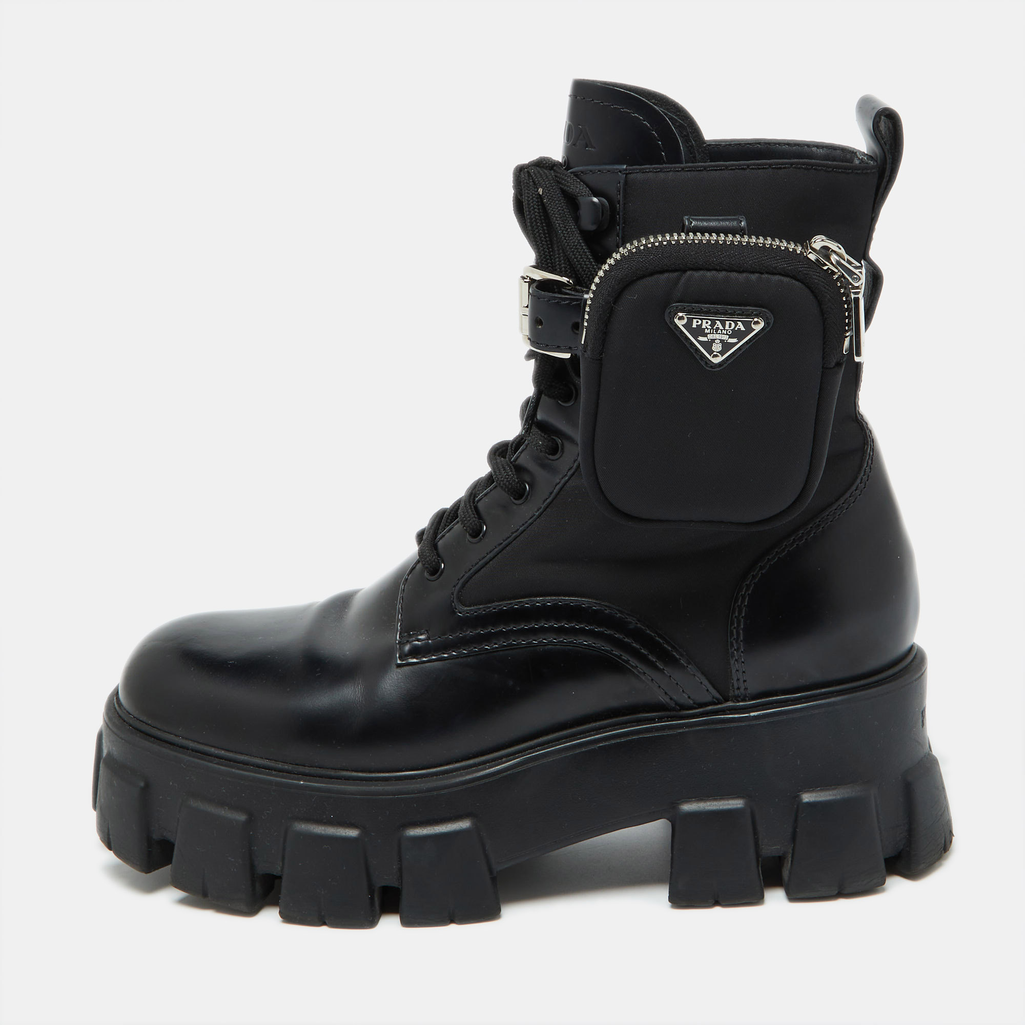 

Prada Black Leather and Nylon Monolith Ankle Boots Size